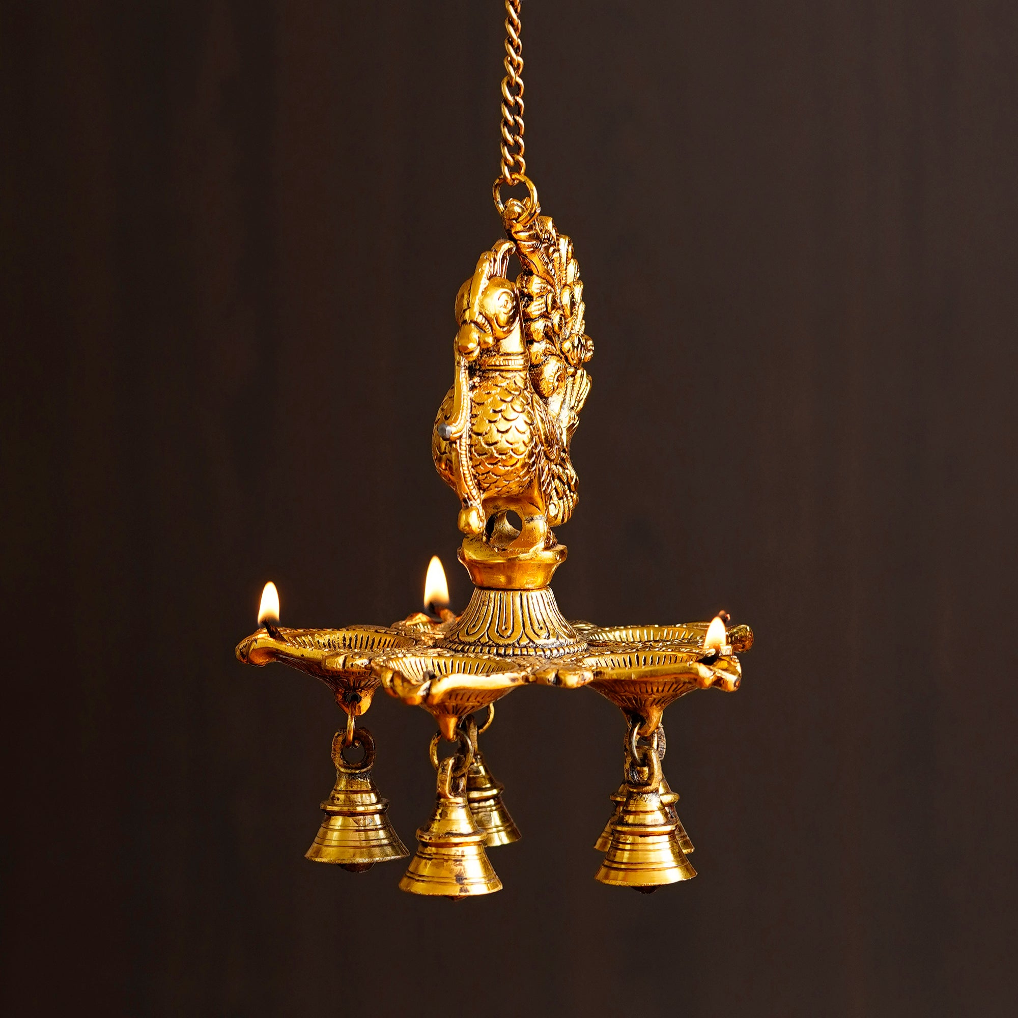 Five Wicks Decorative Peacock Diya With Bell Metal Wall Hanging With Chain 1