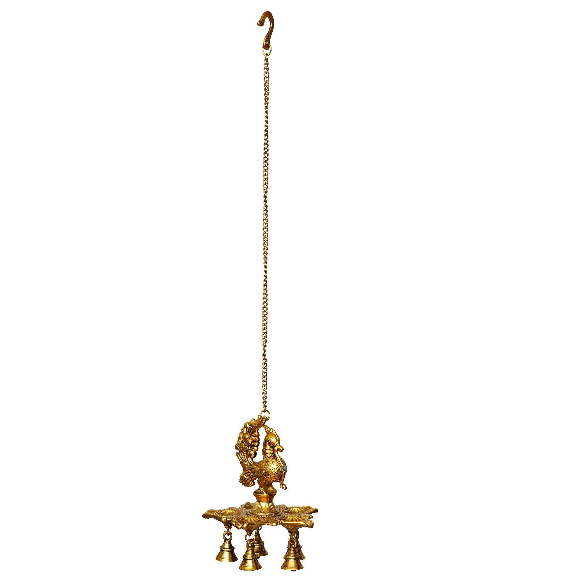 Five Wicks Decorative Peacock Diya With Bell Metal Wall Hanging With Chain 6