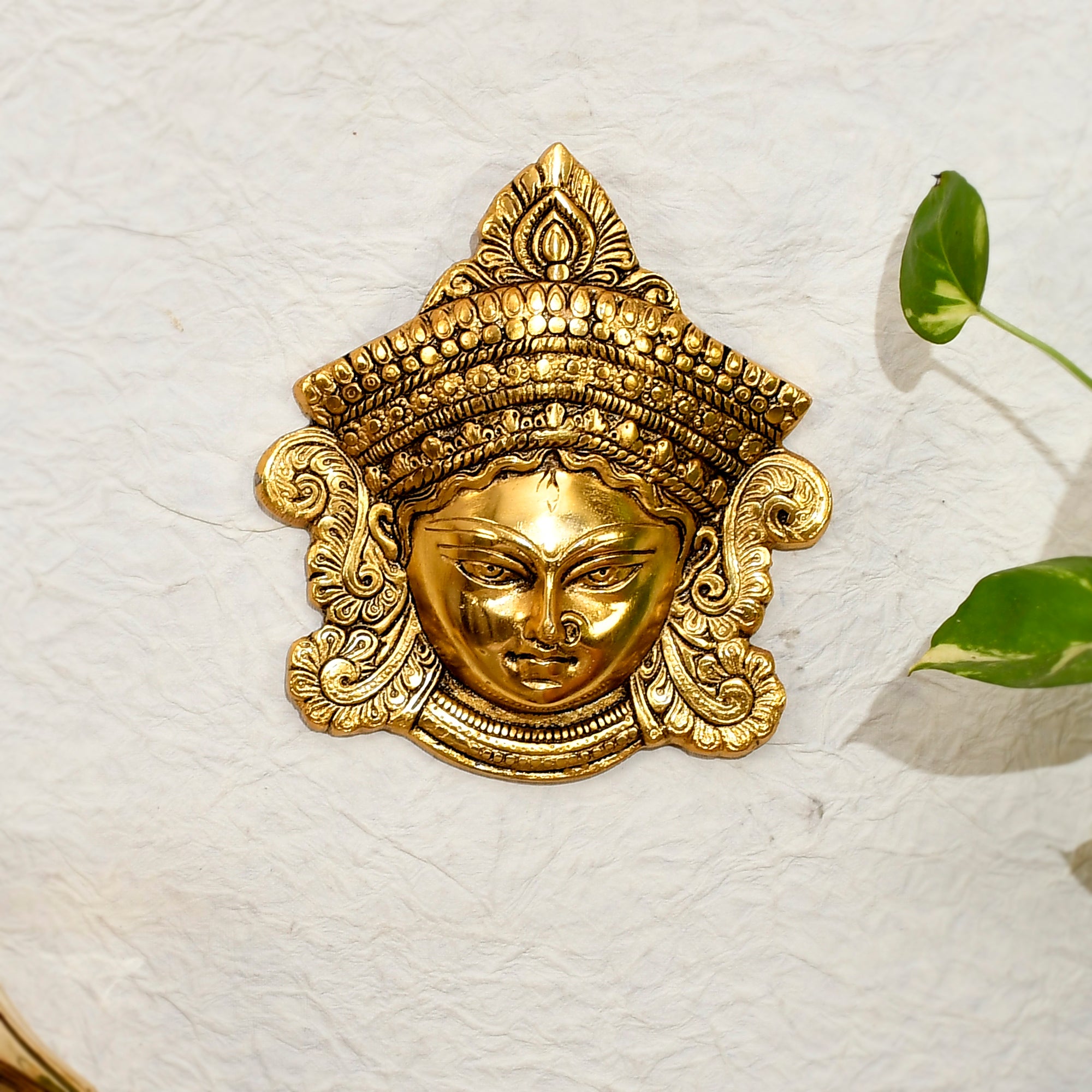 Golden Goddess Durga Face Metal Wall Hanging 3