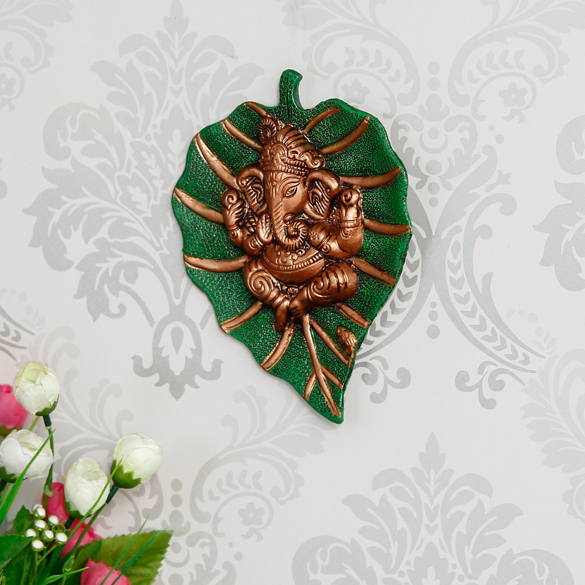 Brown Beautiful Lord Ganesha On Green Leaf Metal Wall Hanging 1