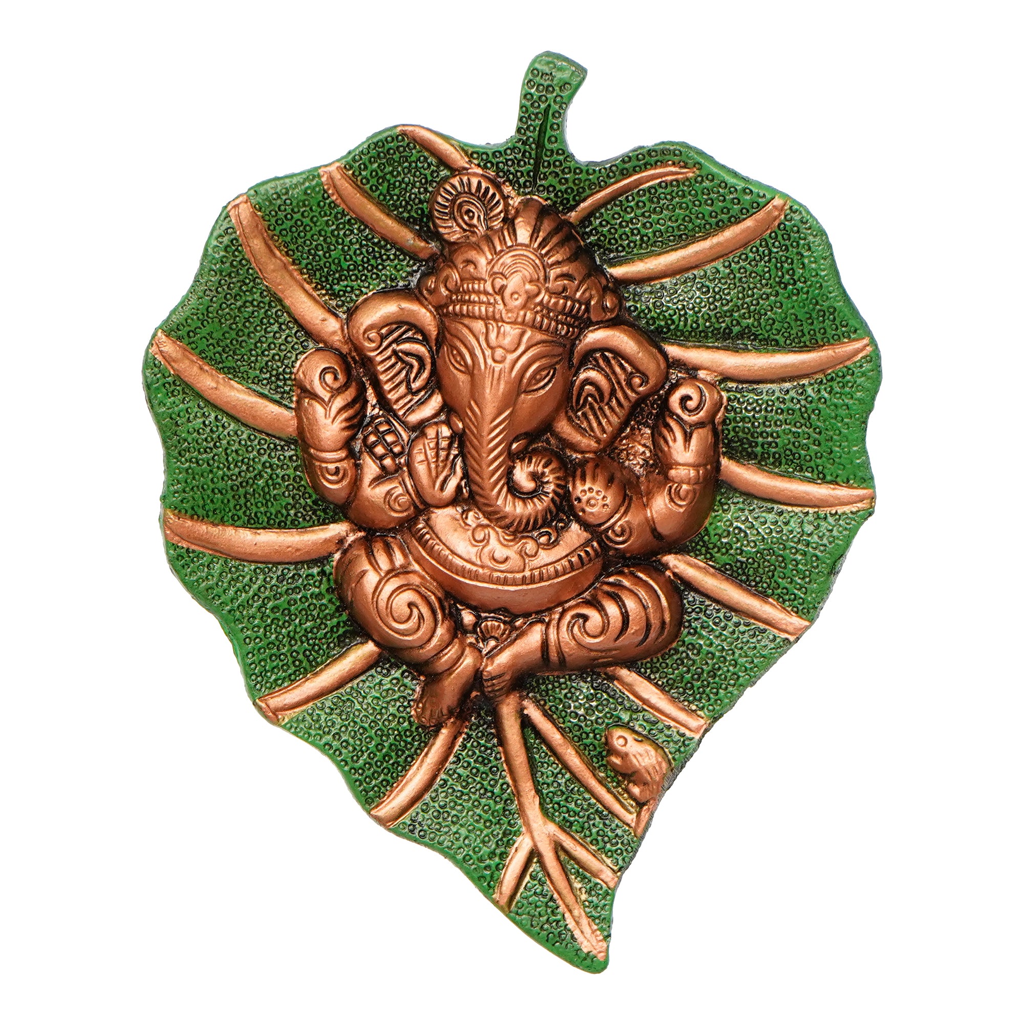 Brown Beautiful Lord Ganesha On Green Leaf Metal Wall Hanging 2