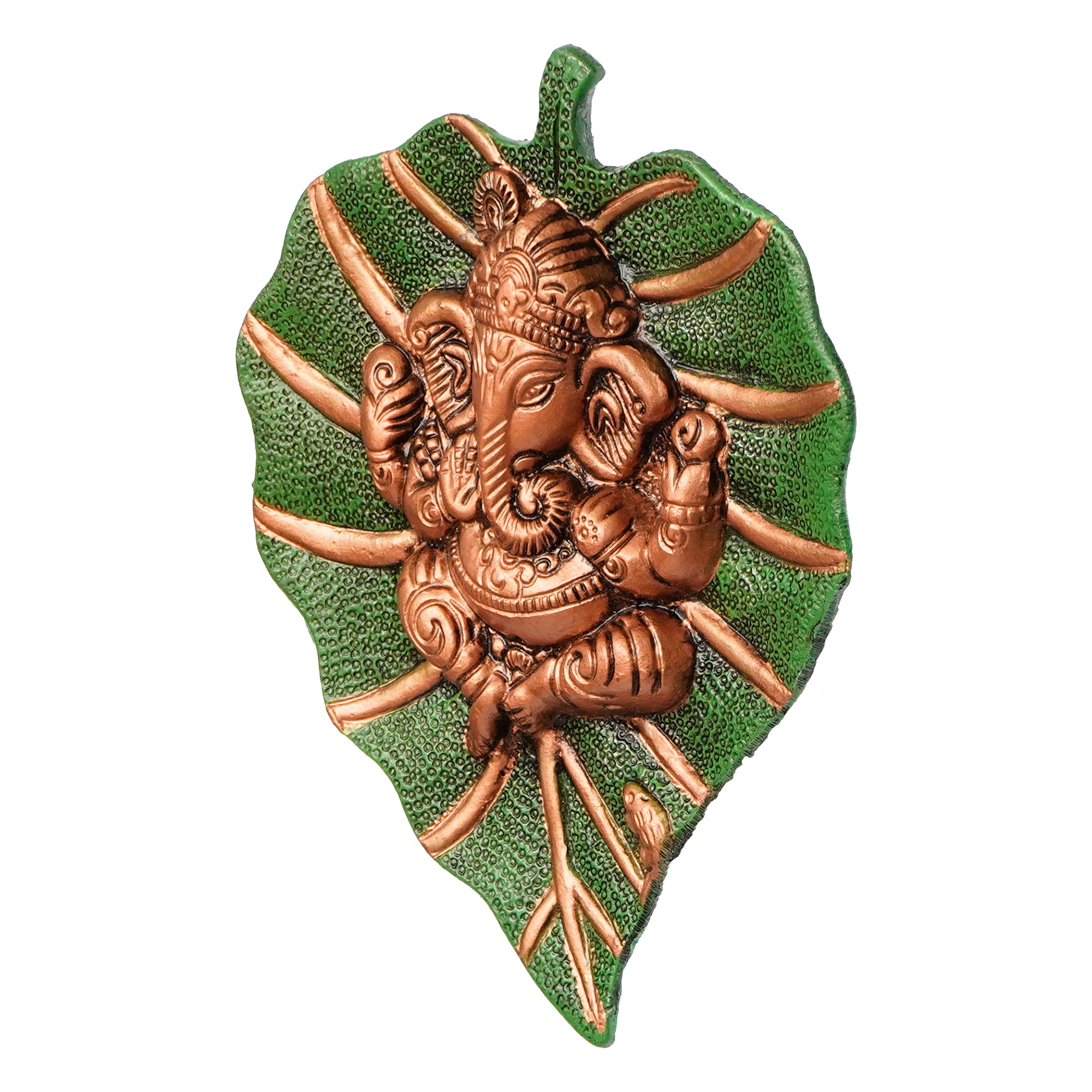 Brown Beautiful Lord Ganesha On Green Leaf Metal Wall Hanging 4