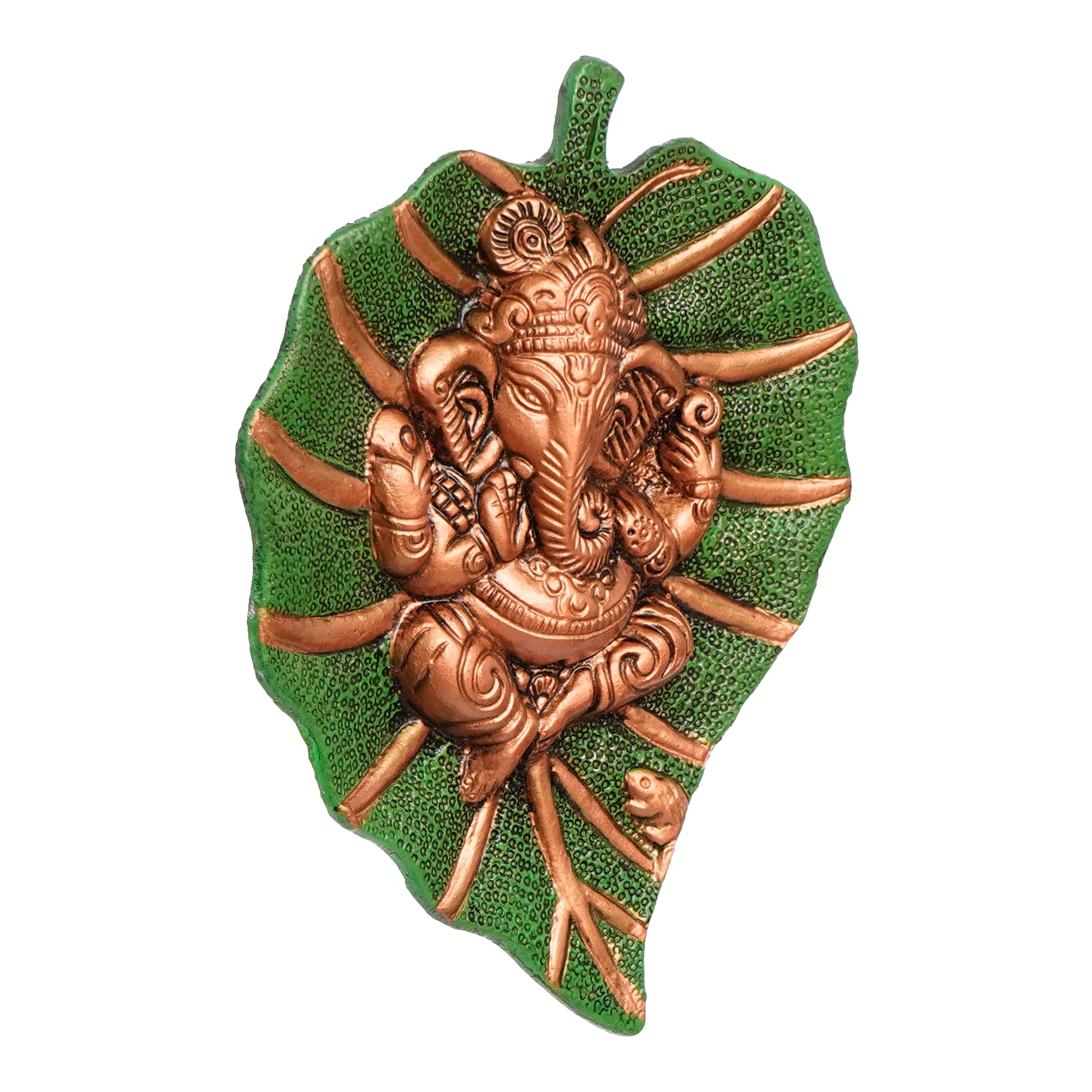 Brown Beautiful Lord Ganesha On Green Leaf Metal Wall Hanging 5