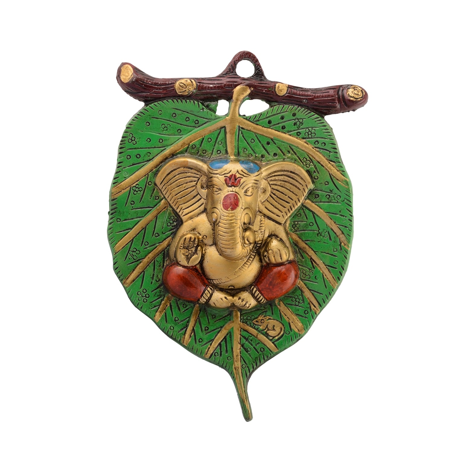 Golden Metal Lord Ganesha in Red Dhoti on Green Leaf Wall Hanging