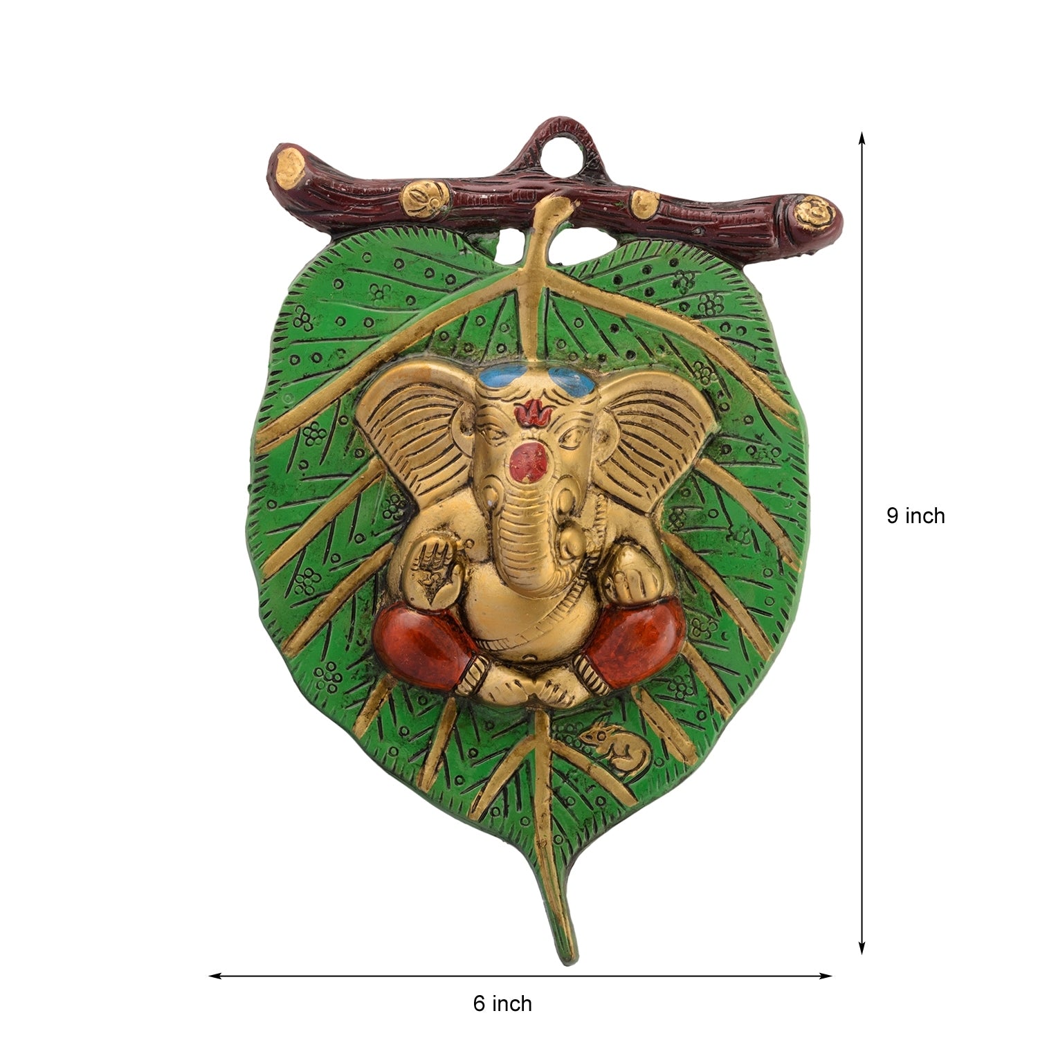 Golden Metal Lord Ganesha in Red Dhoti on Green Leaf Wall Hanging 2