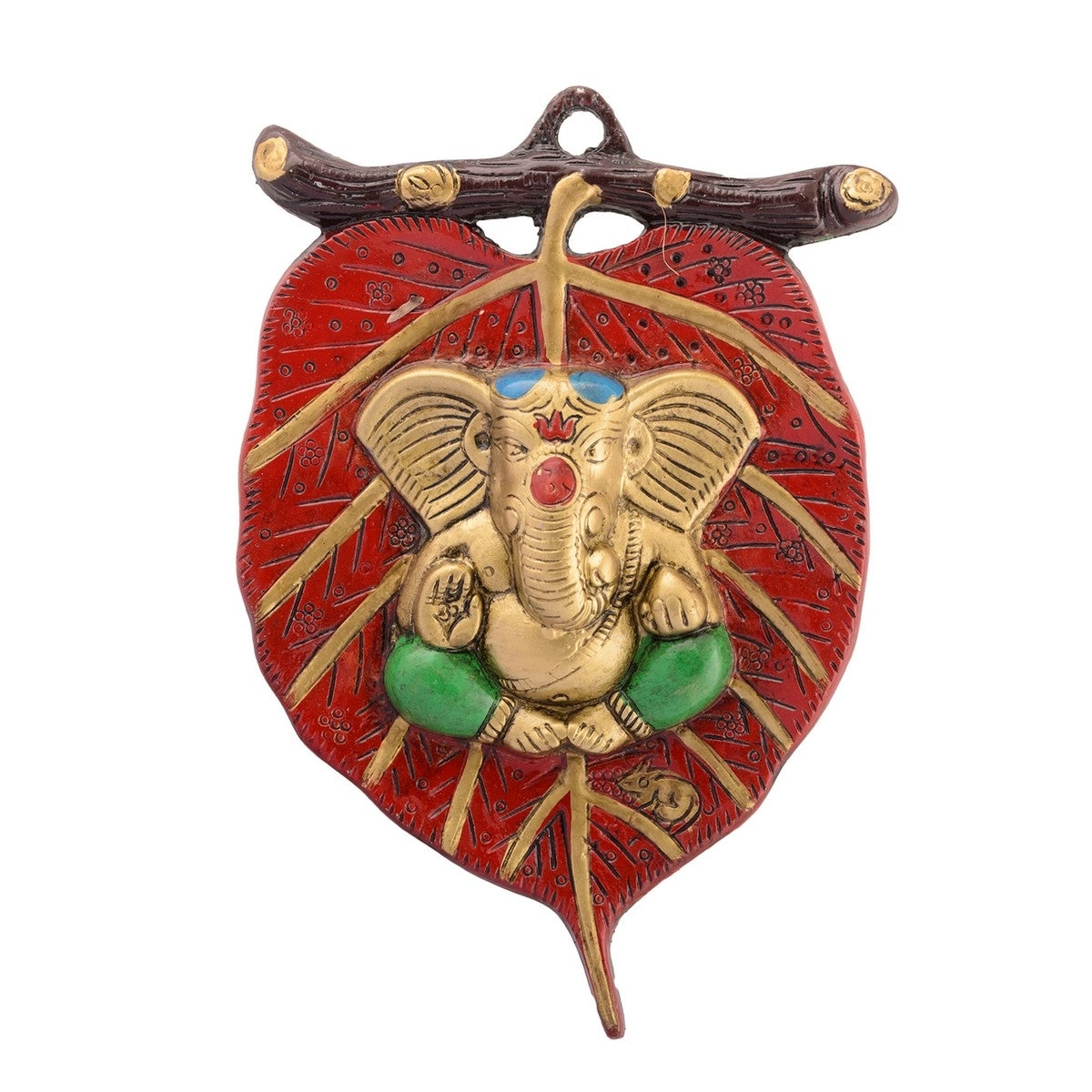 Golden Metal Lord Ganesha in Green Dhoti on Red Leaf Wall Hanging