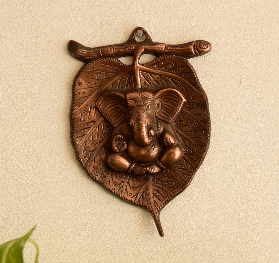 Brown Metal Lord Ganesha on Leaf wall hanging