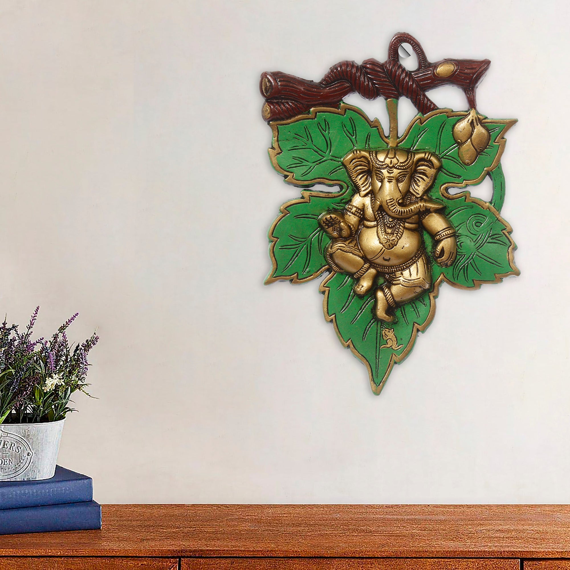 Dancing Golden Lord Ganesha on Green Leaf Metal Wall Hanging 1