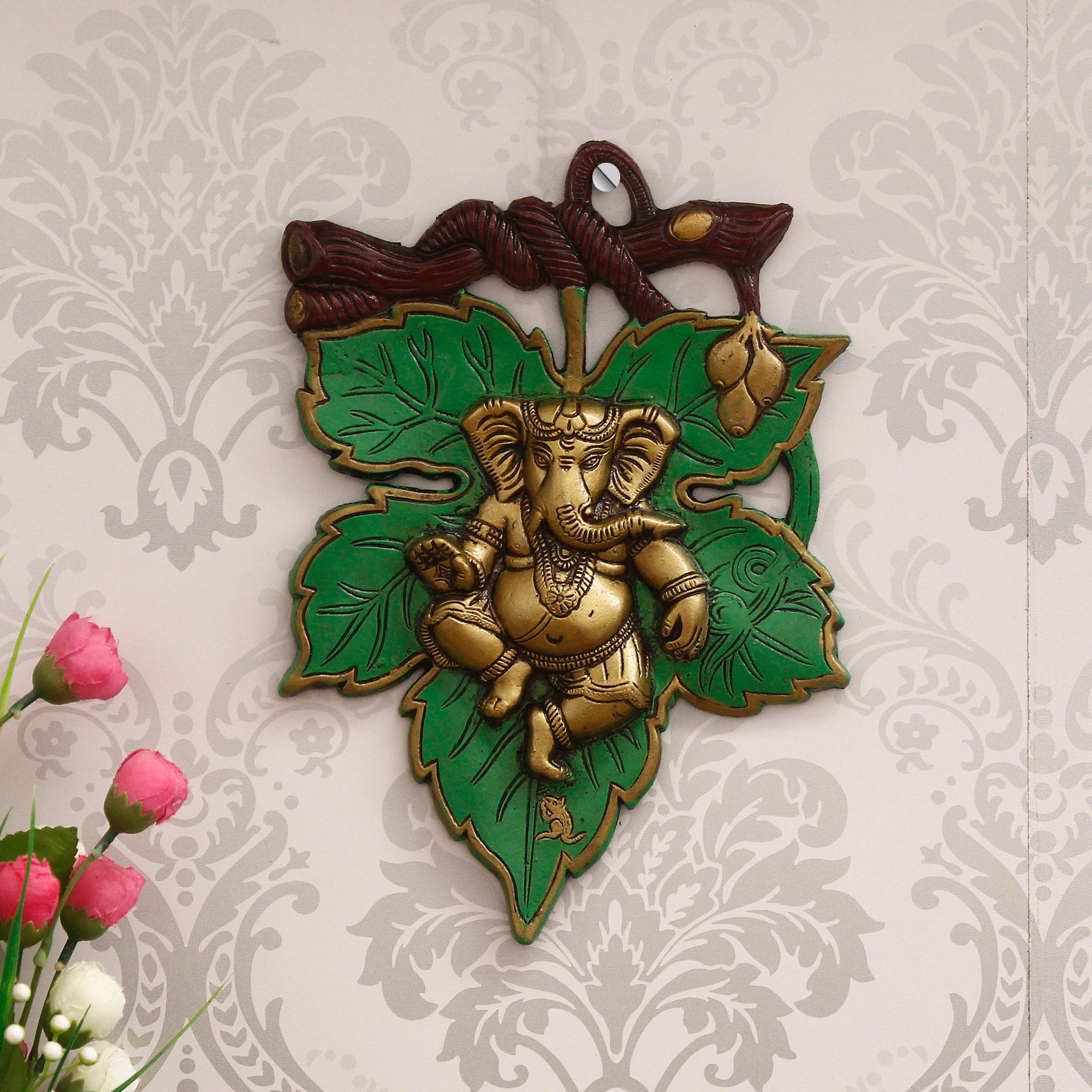 Dancing Golden Lord Ganesha on Green Leaf Metal Wall Hanging