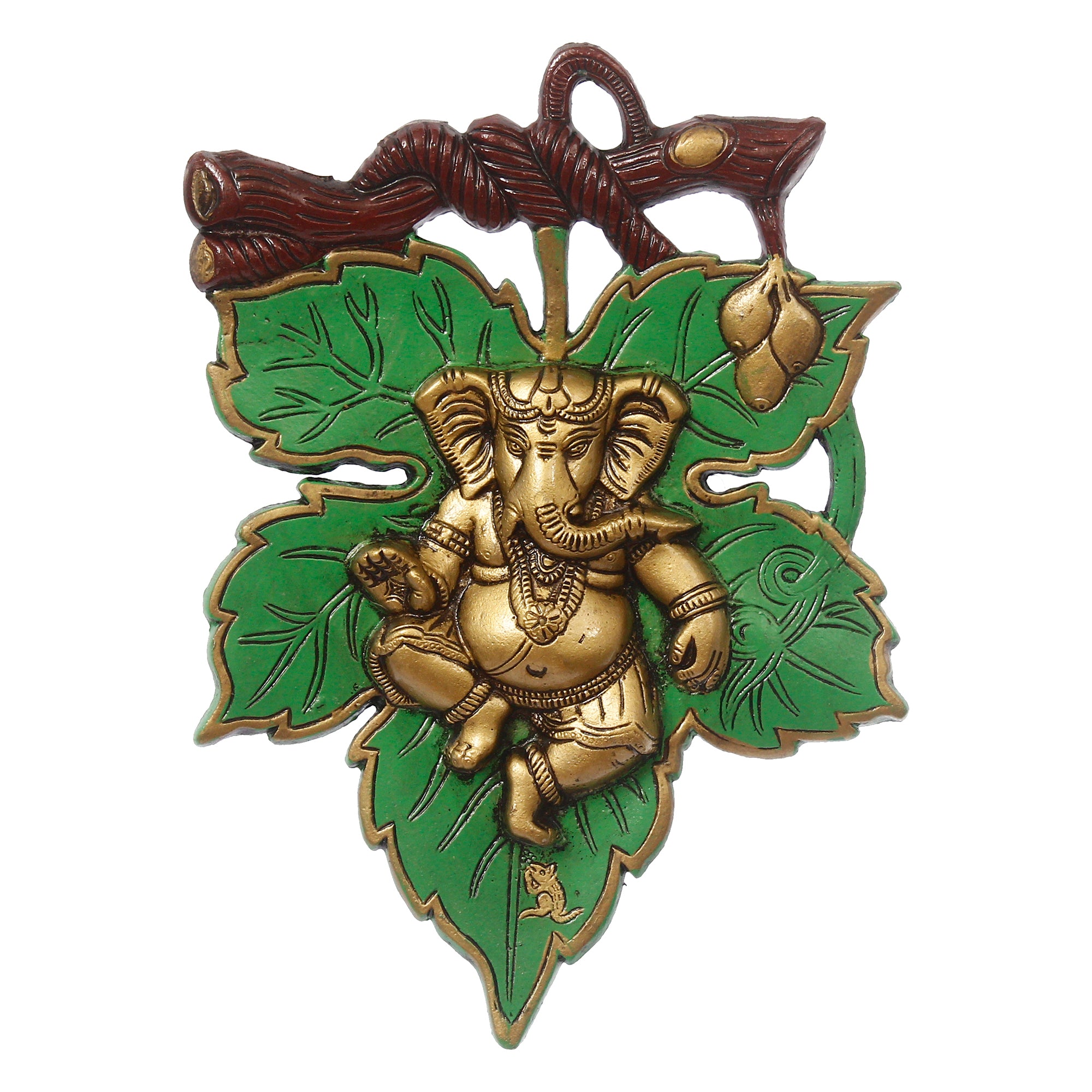 Dancing Golden Lord Ganesha on Green Leaf Metal Wall Hanging 2