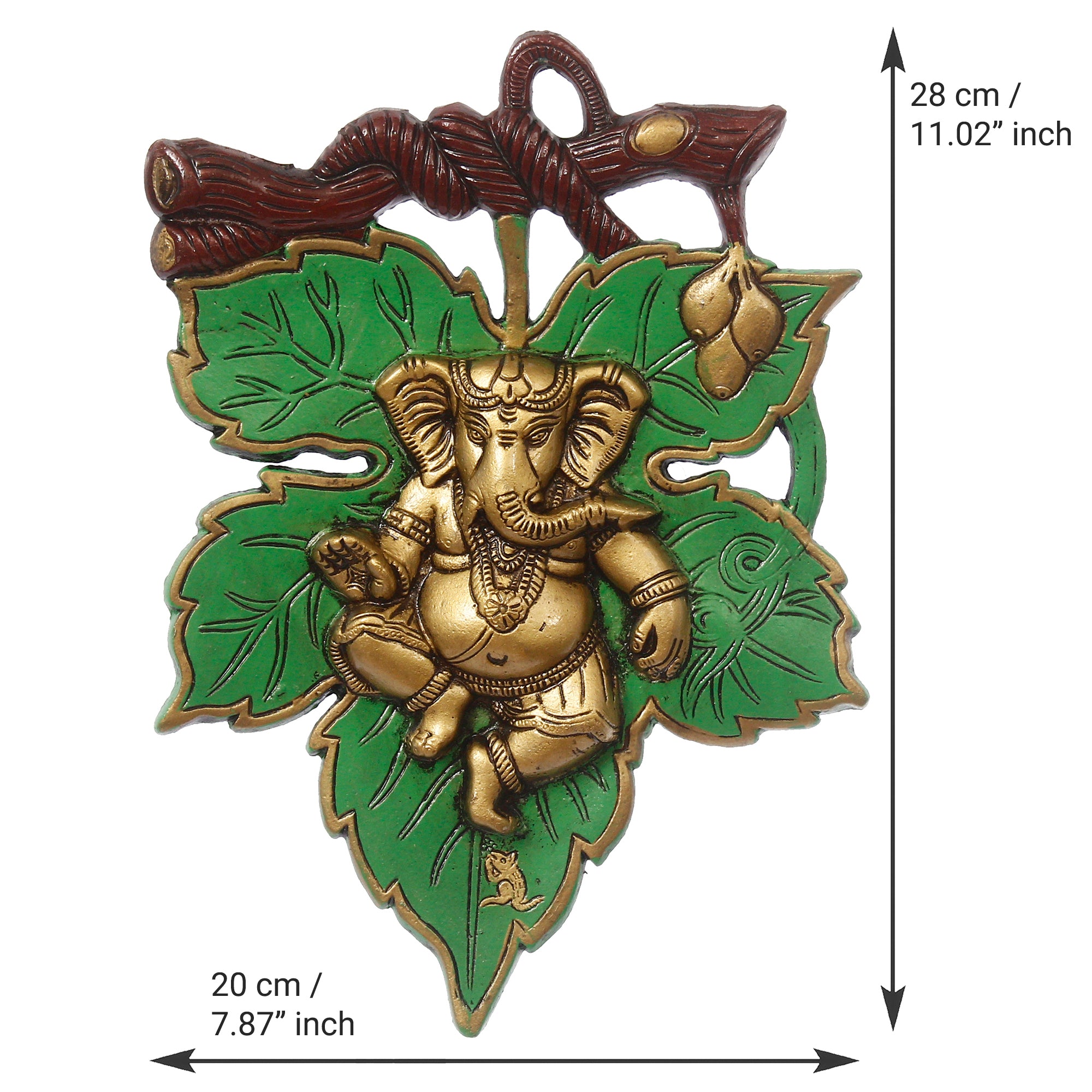 Dancing Golden Lord Ganesha on Green Leaf Metal Wall Hanging 3