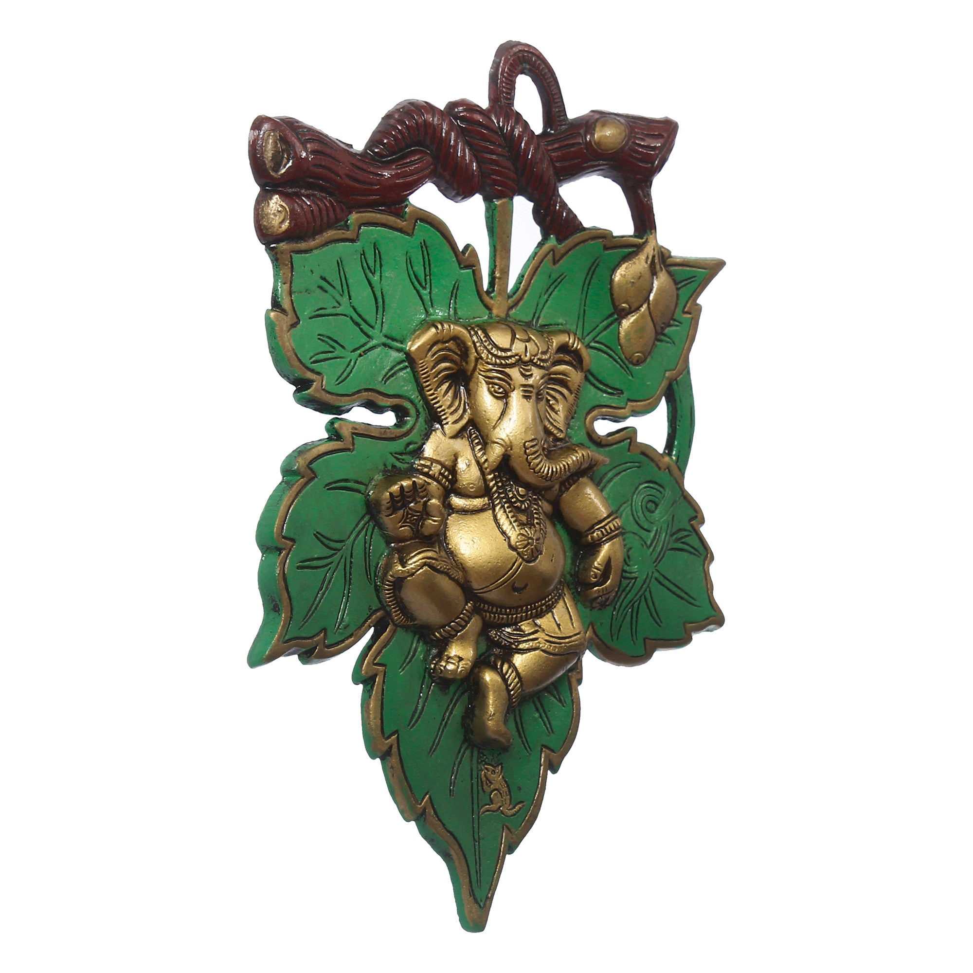 Dancing Golden Lord Ganesha on Green Leaf Metal Wall Hanging 4