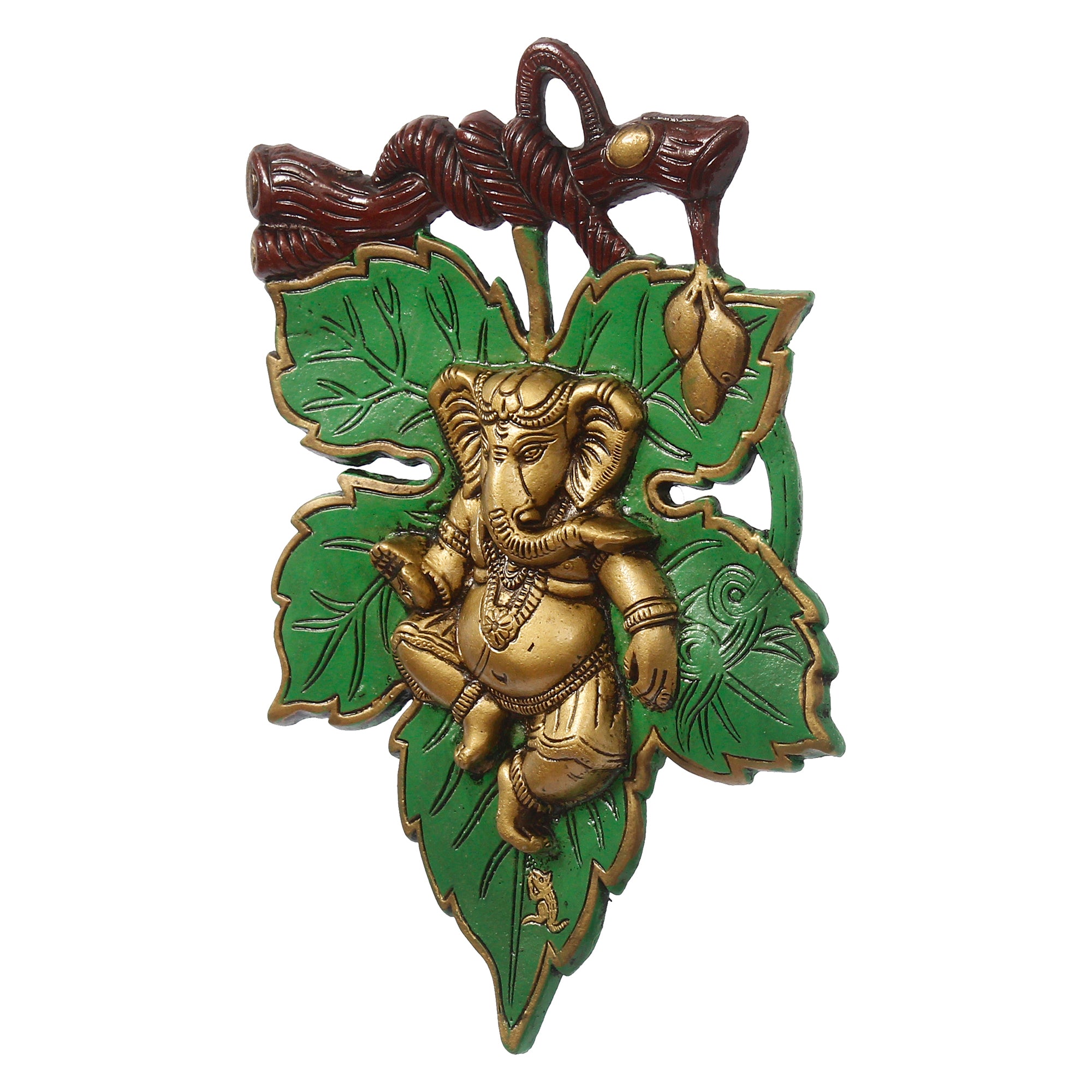 Dancing Golden Lord Ganesha on Green Leaf Metal Wall Hanging 5