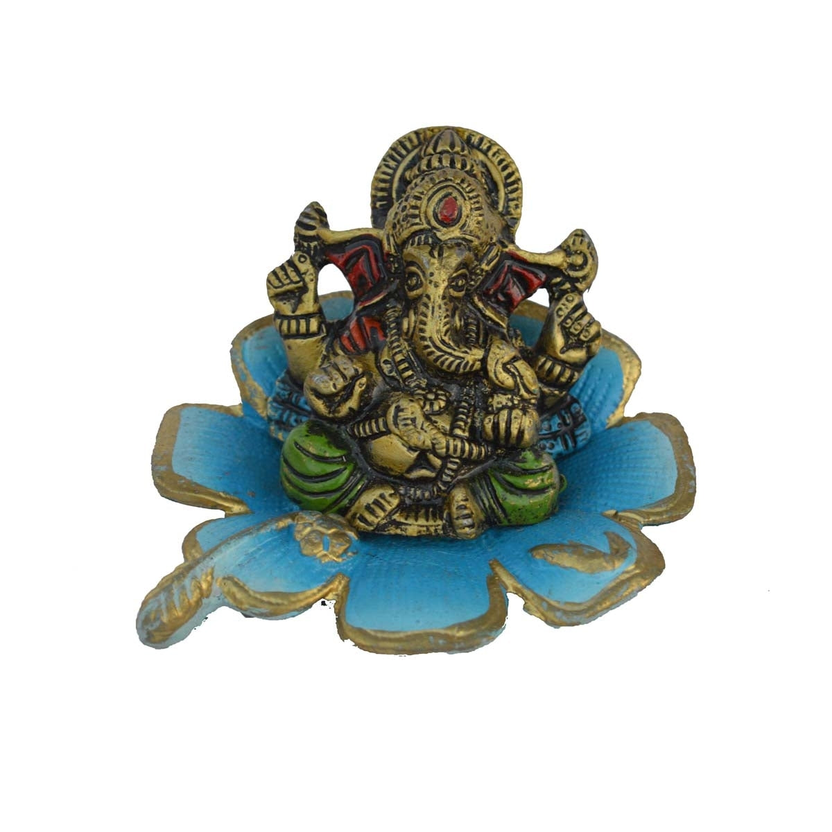 Metal Lord Ganesha Statue On Sky Blue Leaf