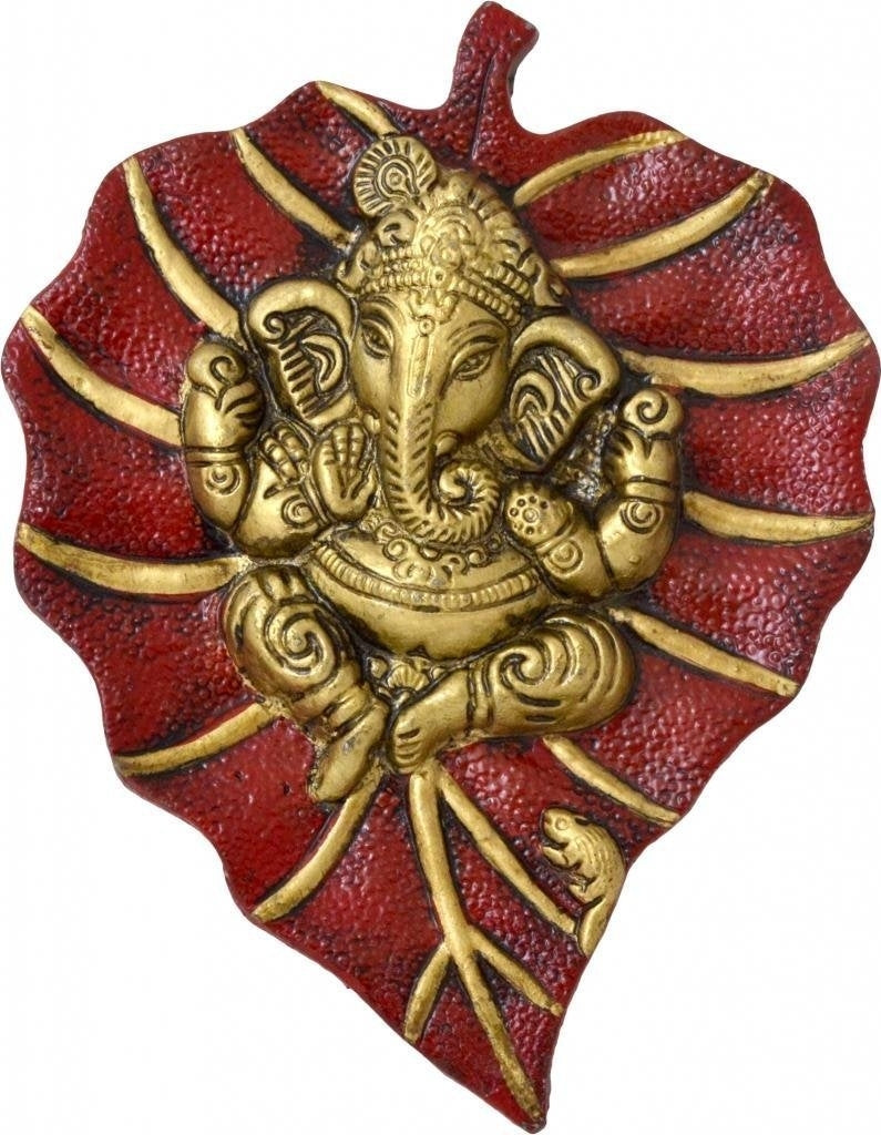 Golden Metal Lord Ganesha on Red Leaf wall hanging