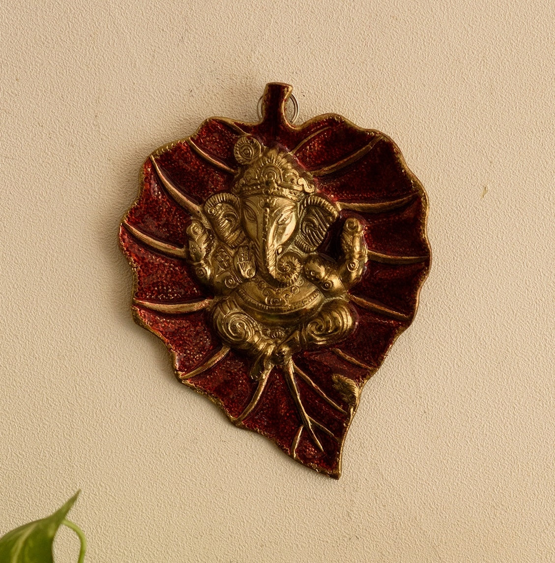Golden Metal Lord Ganesha on Red Leaf wall hanging 1