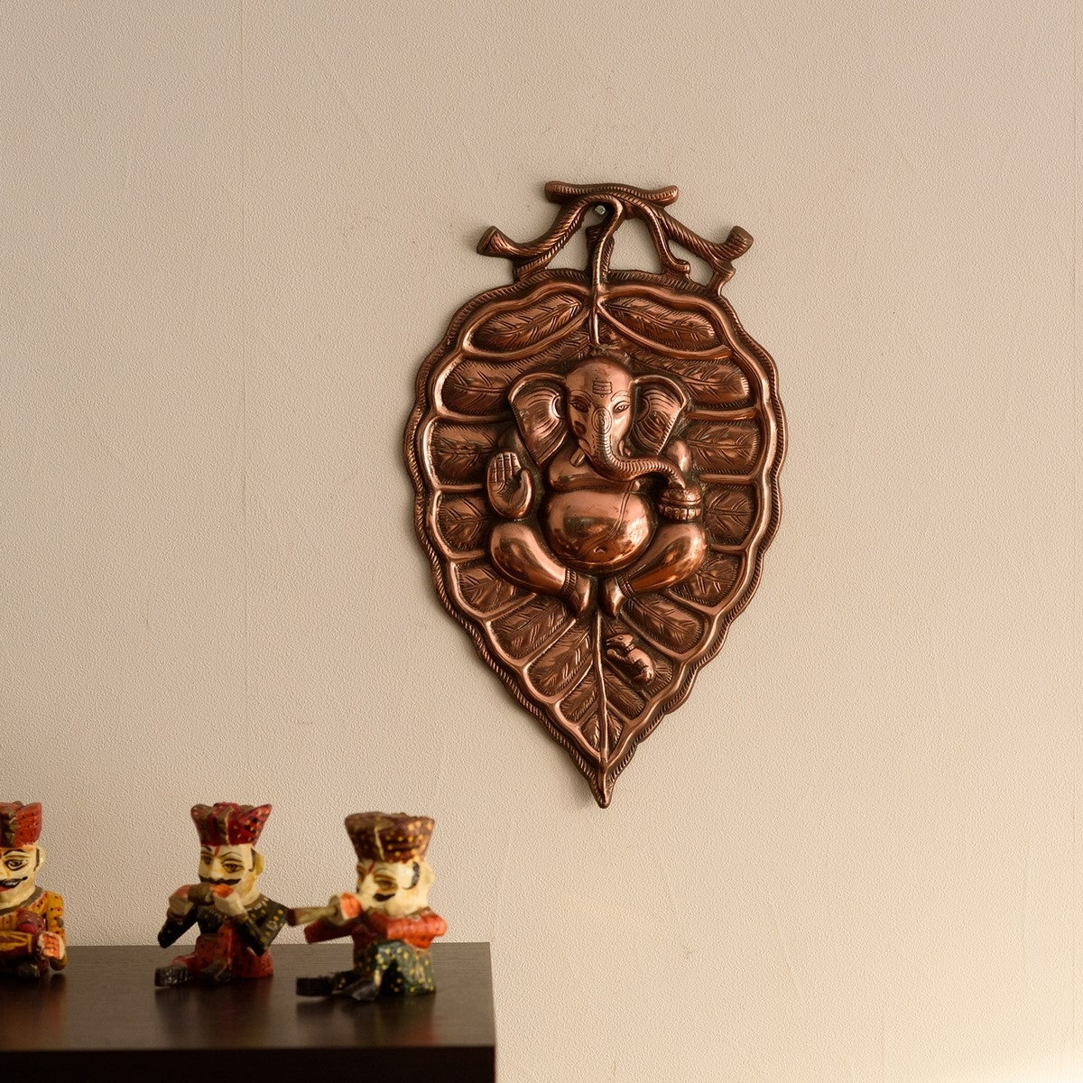 Brown Lord Ganesha on Leaf Metal Wall Hanging