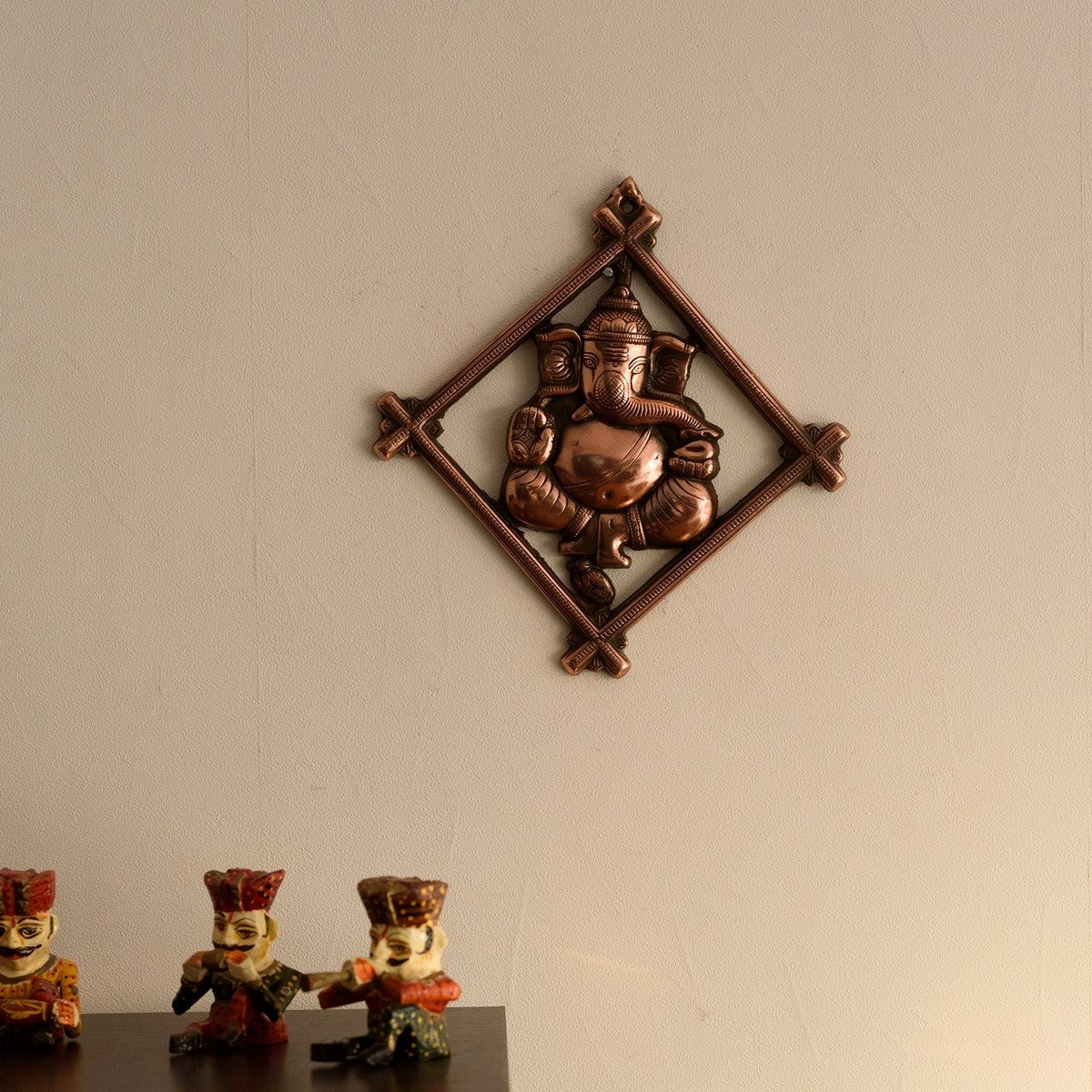 Brown Lord Ganesha on Rhombus Frame Metal Wall Hanging
