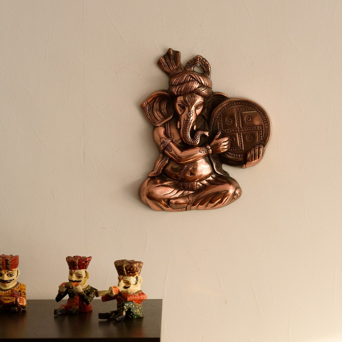 Brown Phagdi Lord Ganesha Playing Tambourine/Dafli Musical Instrument Metal Wall Hanging