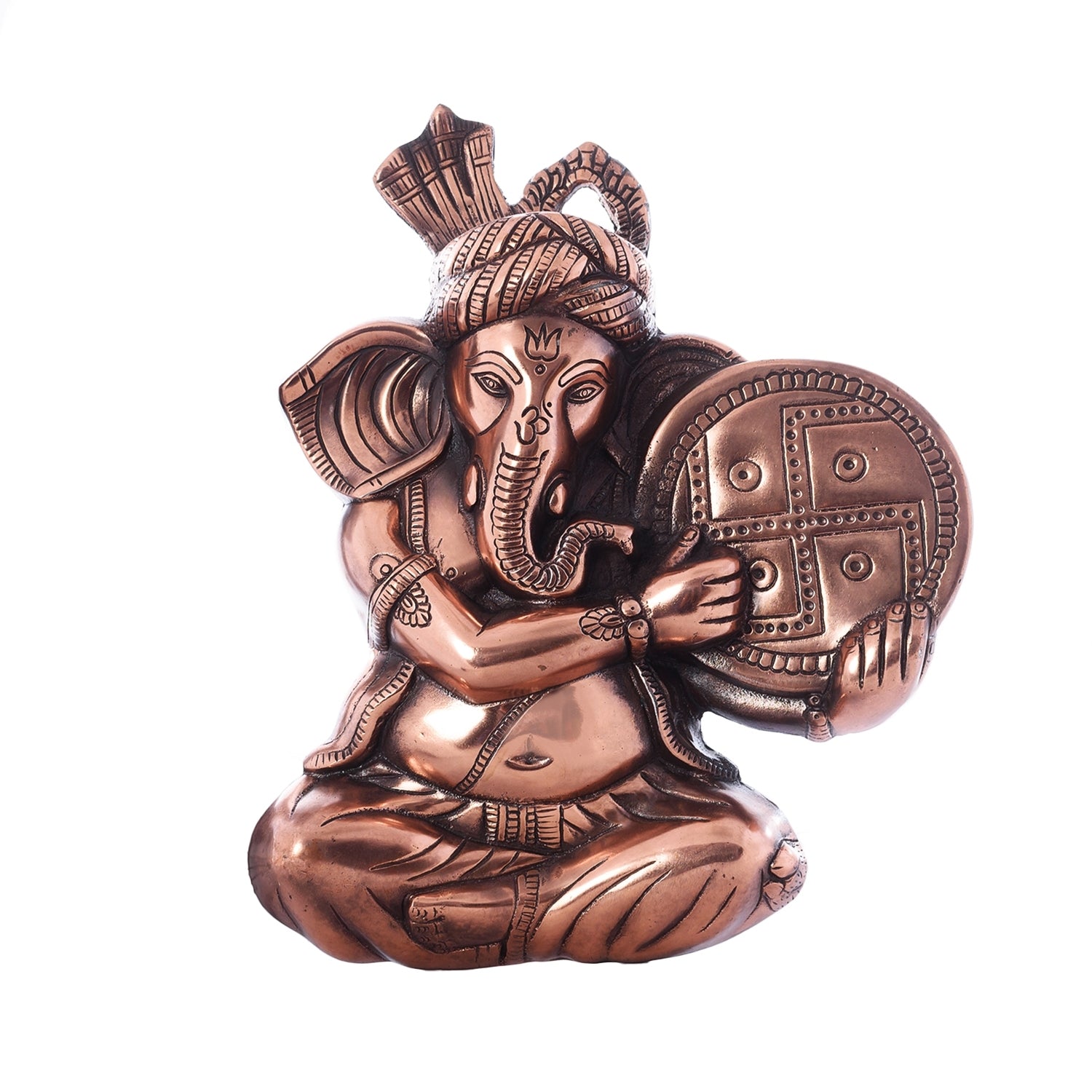 Brown Phagdi Lord Ganesha Playing Tambourine/Dafli Musical Instrument Metal Wall Hanging 1