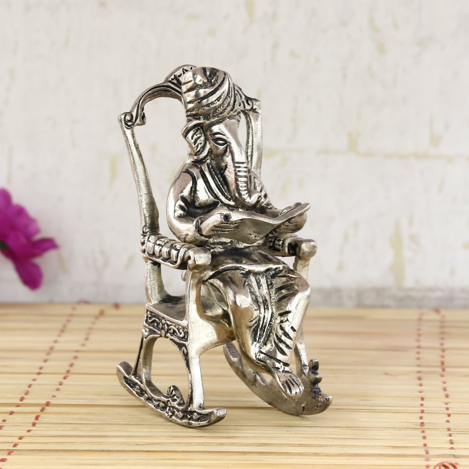 Silver Metal Lord Ganesha Idol Reading Book on Rocking Chair