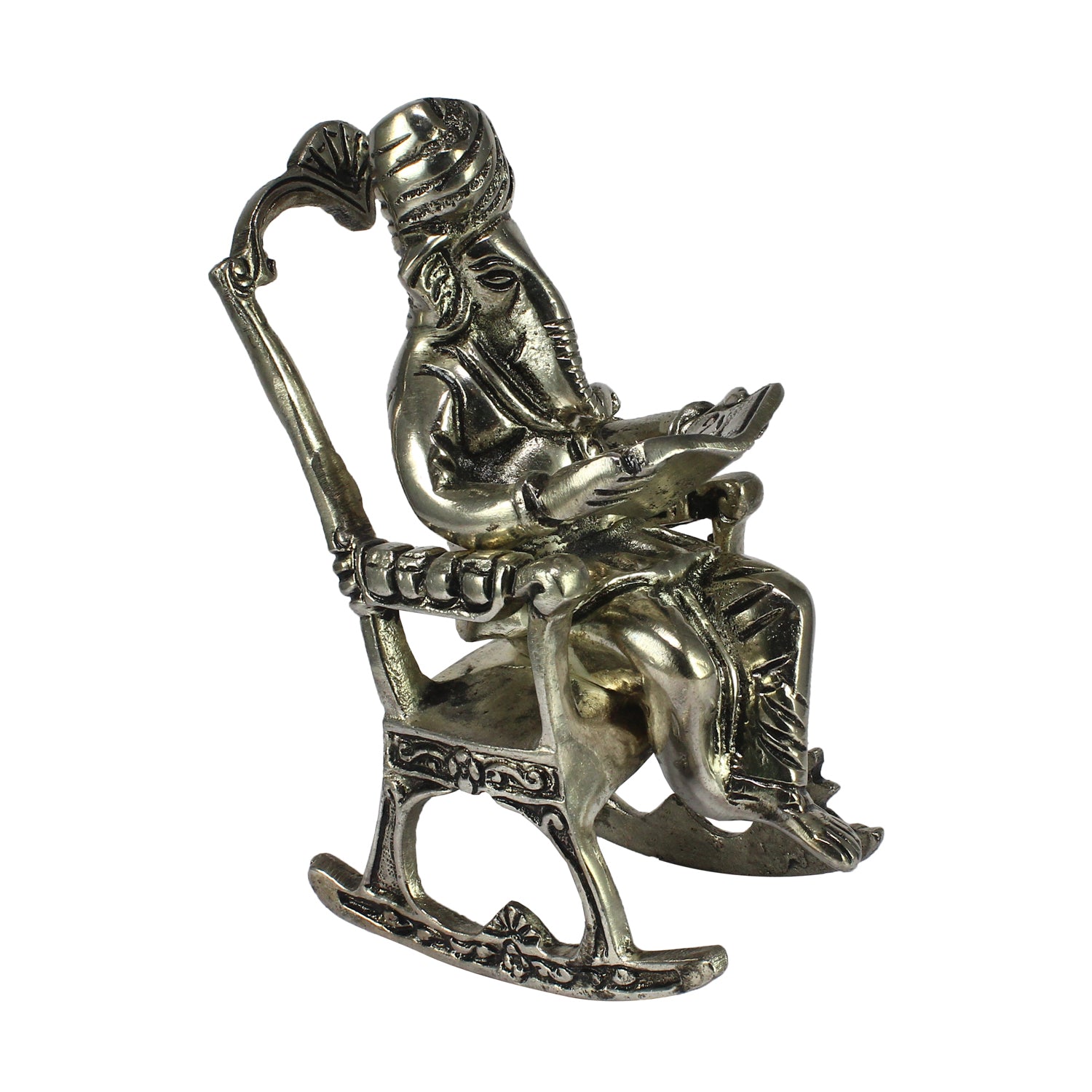 Silver Metal Lord Ganesha Idol Reading Book on Rocking Chair 1