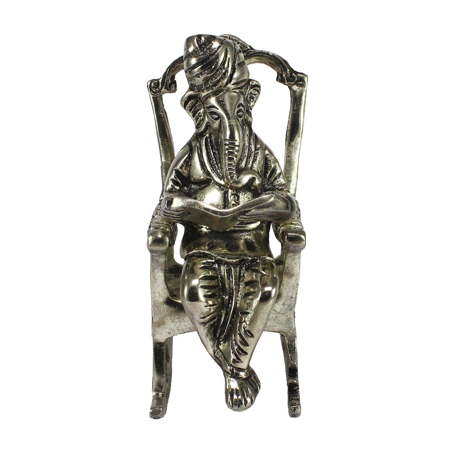 Silver Metal Lord Ganesha Idol Reading Book on Rocking Chair 3