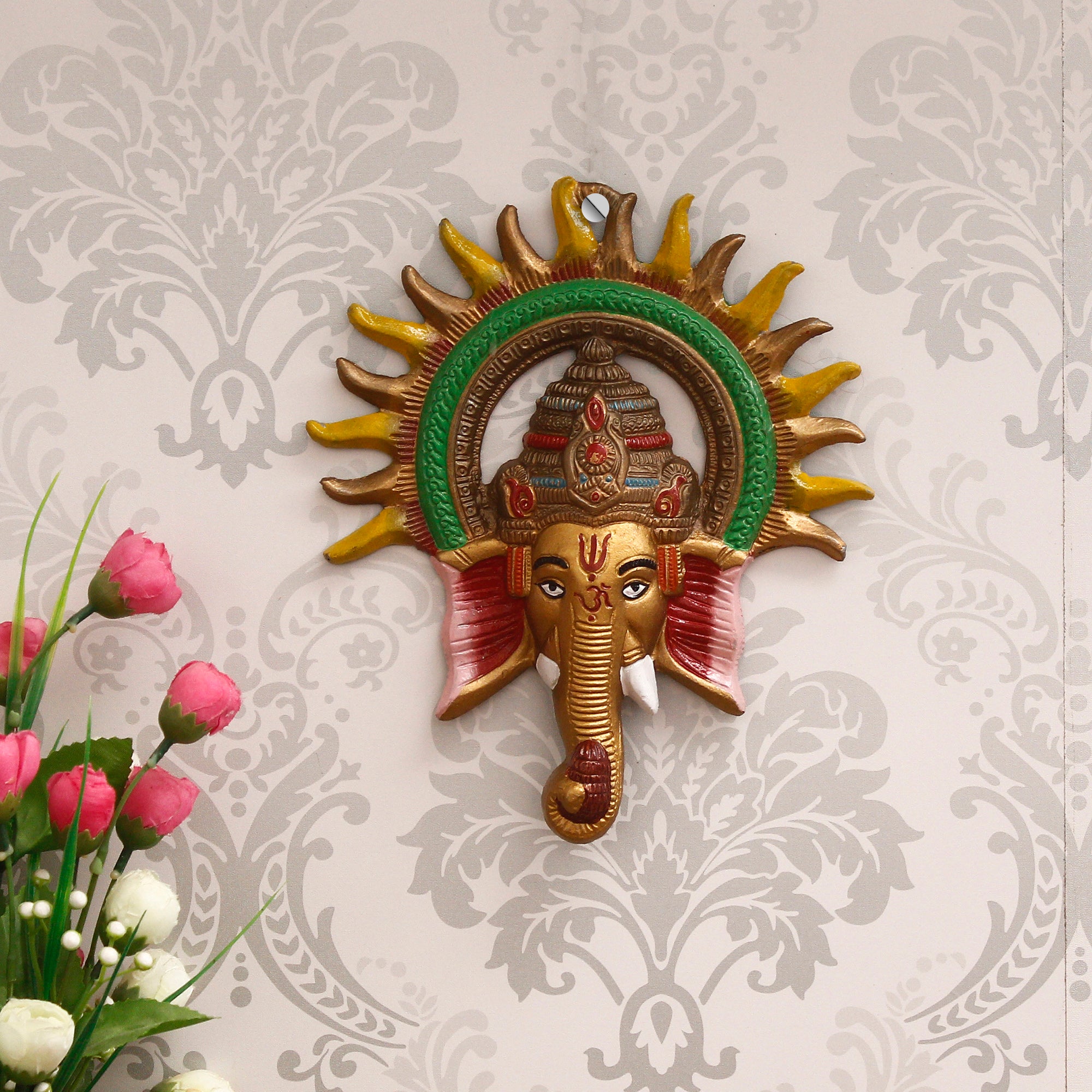 Colorful Lord Ganesha with Sun Decorative Metal Wall Hanging Art