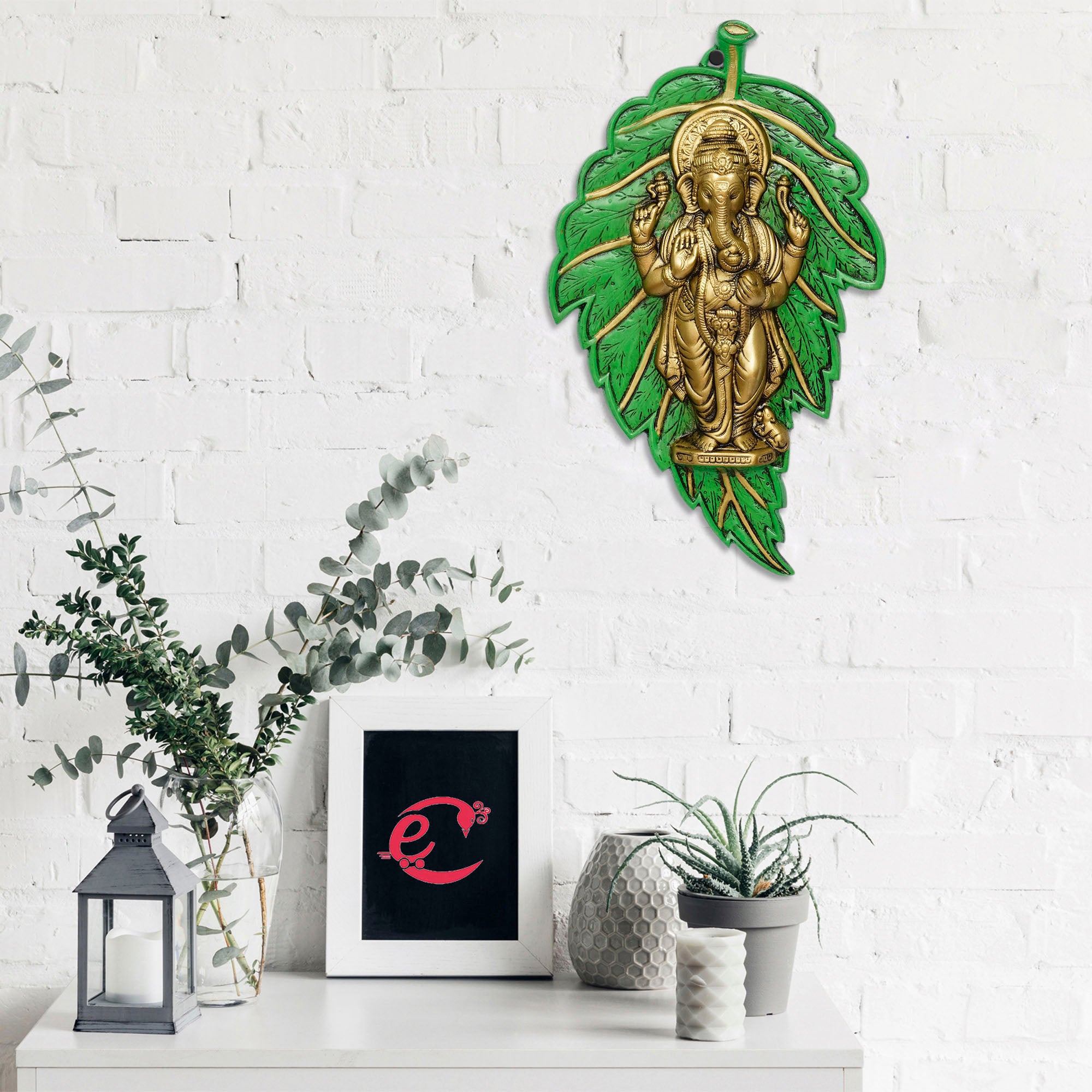 Golden Chaturbhuj Lord Ganesha on Green Leaf Metal Wall Hanging Art 1