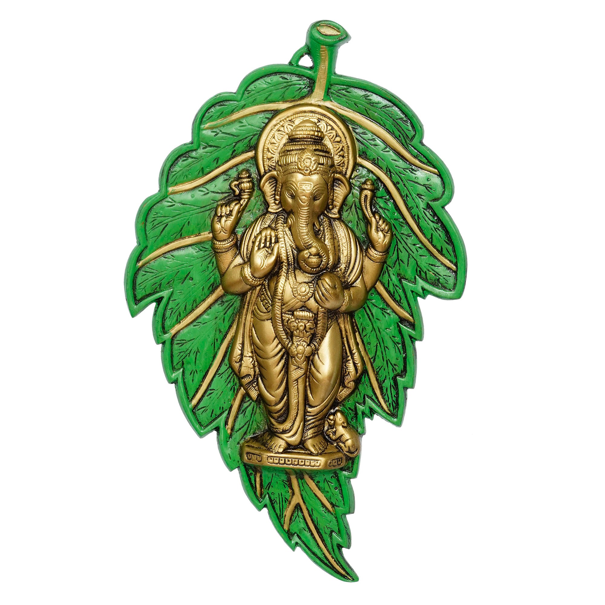 Golden Chaturbhuj Lord Ganesha on Green Leaf Metal Wall Hanging Art 2