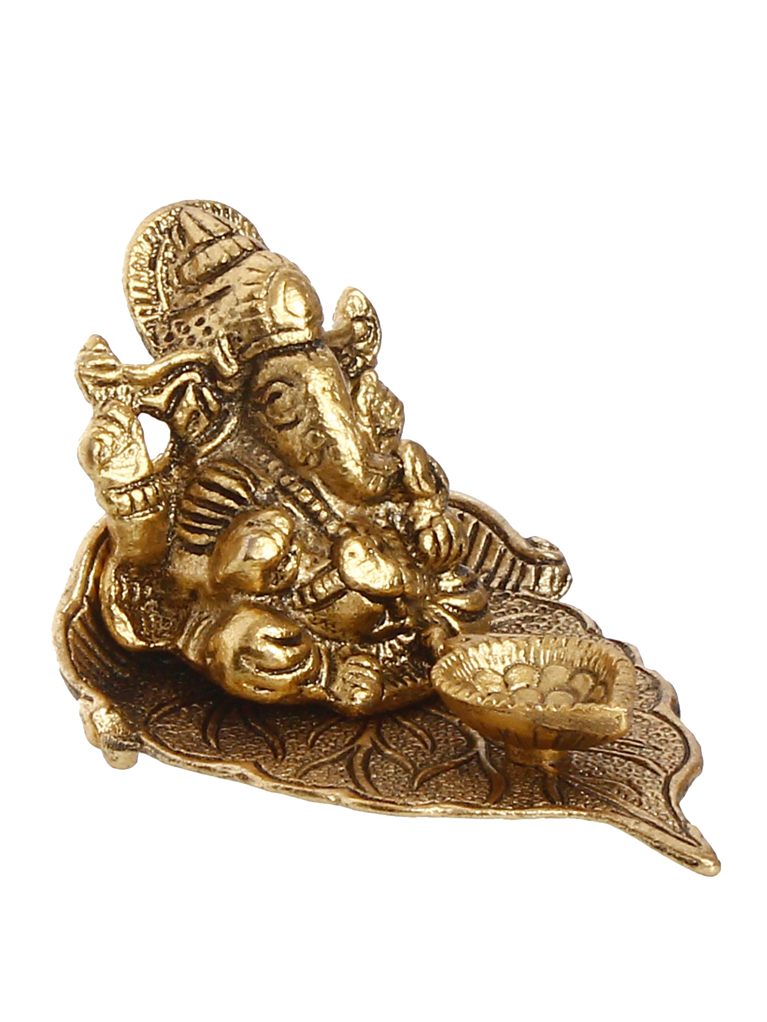 Golden Metal Handcrafted Lord Ganesha Idol with Diya on Leaf 2