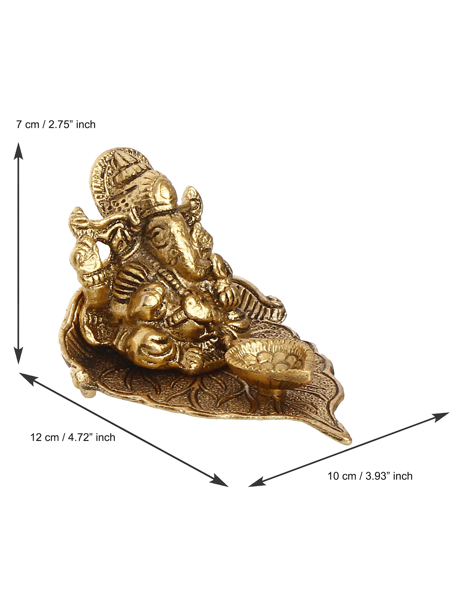 Golden Metal Handcrafted Lord Ganesha Idol with Diya on Leaf 3
