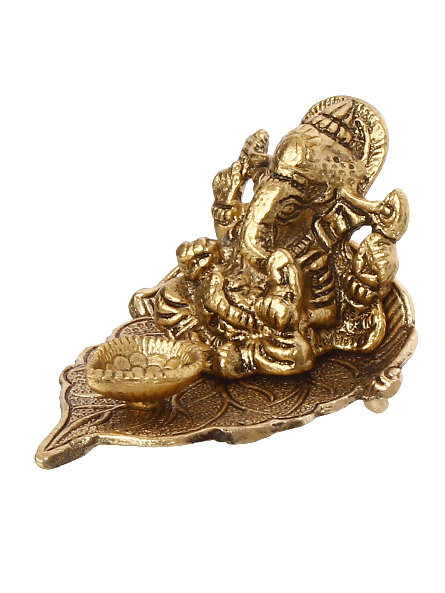 Golden Metal Handcrafted Lord Ganesha Idol with Diya on Leaf 4