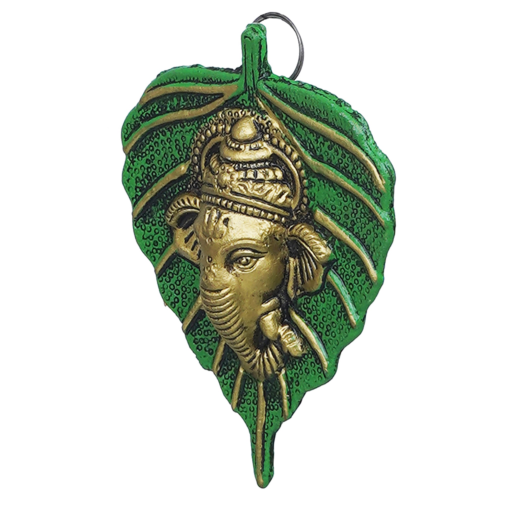 eCraftIndia Green & Golden Lord Ganesha Face On Leaf Wall Hanging Decorative Showpiece 7