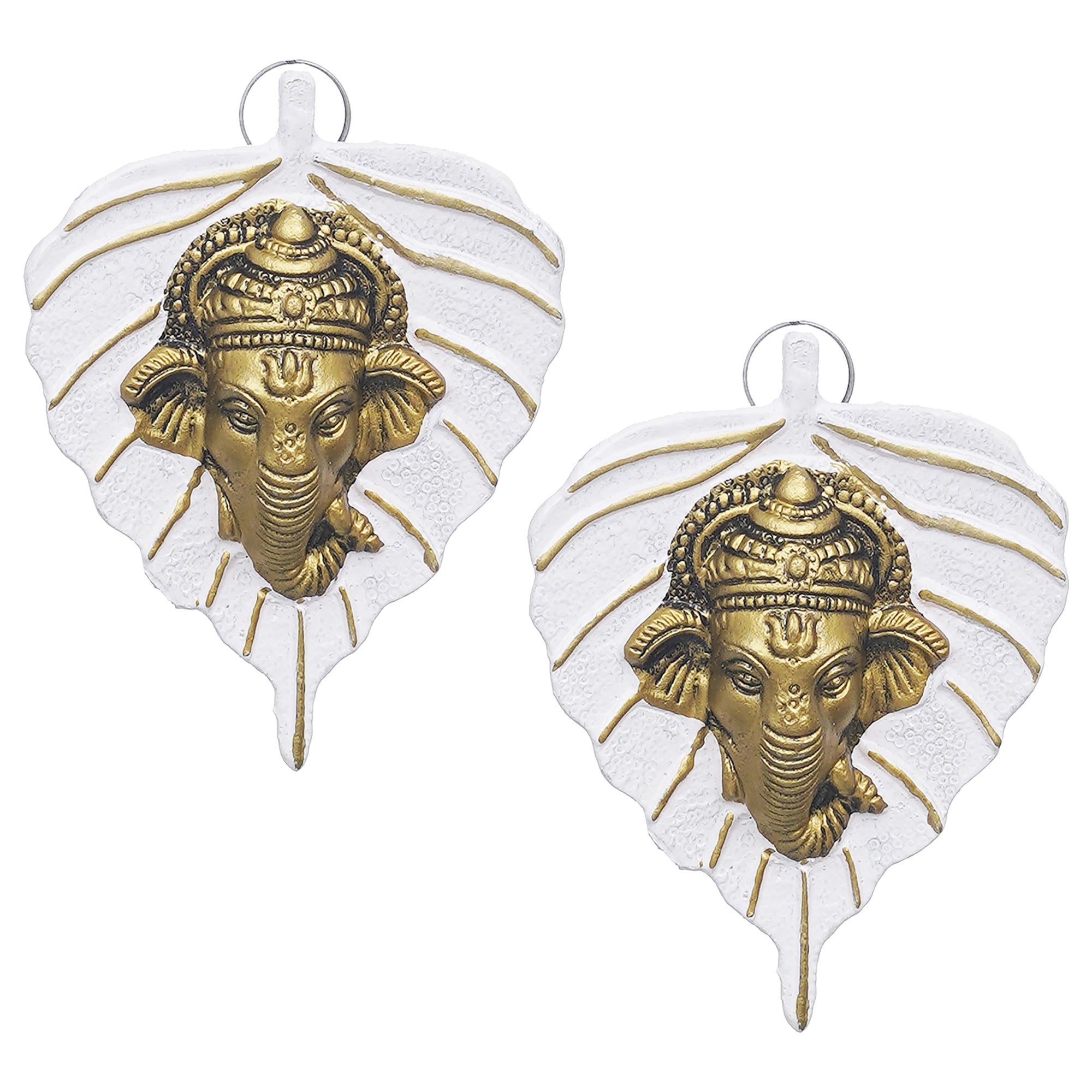 eCraftIndia Set of 2 Golden and White Peepal Leaf Ganesha Wall Hangings 2