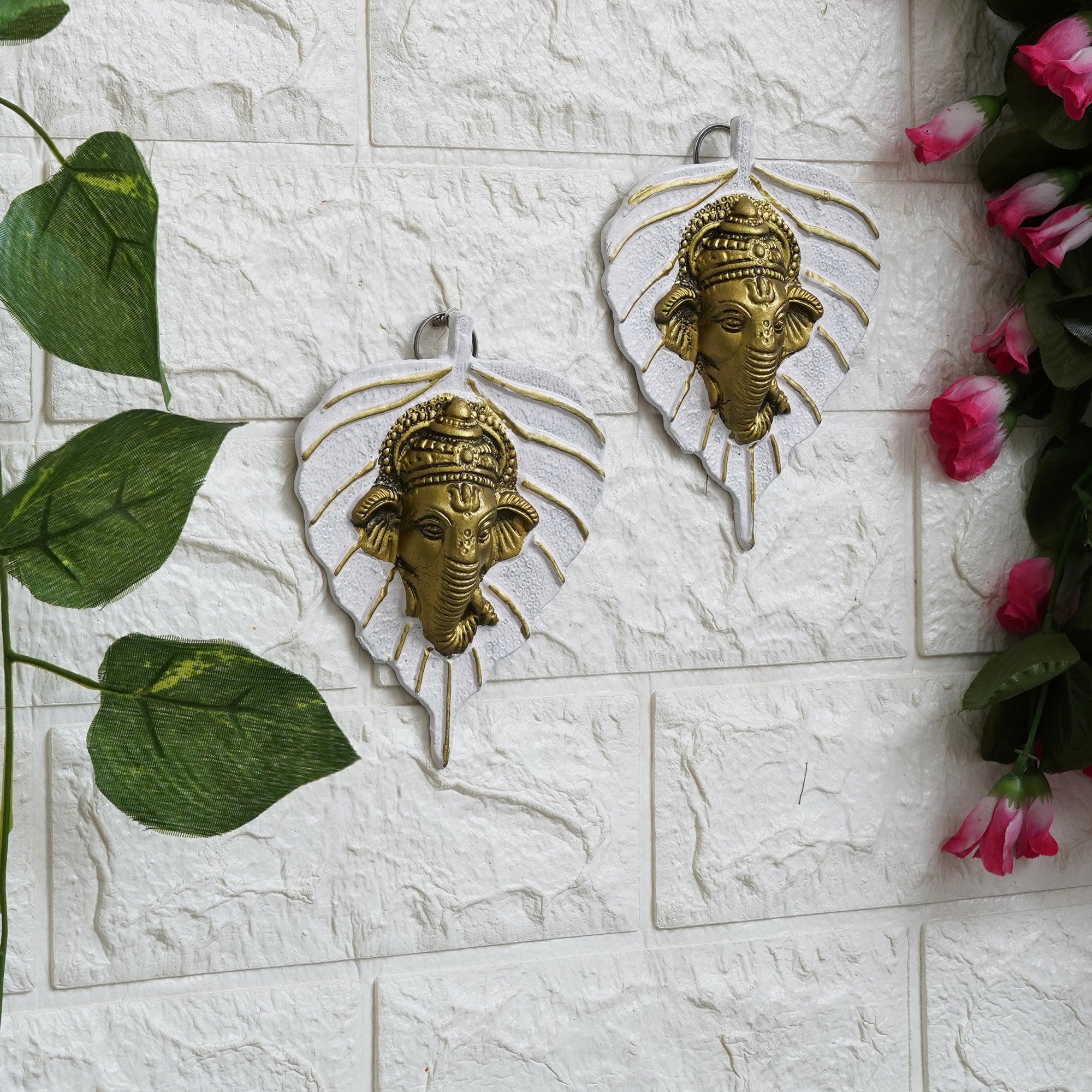 eCraftIndia Set of 2 Golden and White Peepal Leaf Ganesha Wall Hangings 4