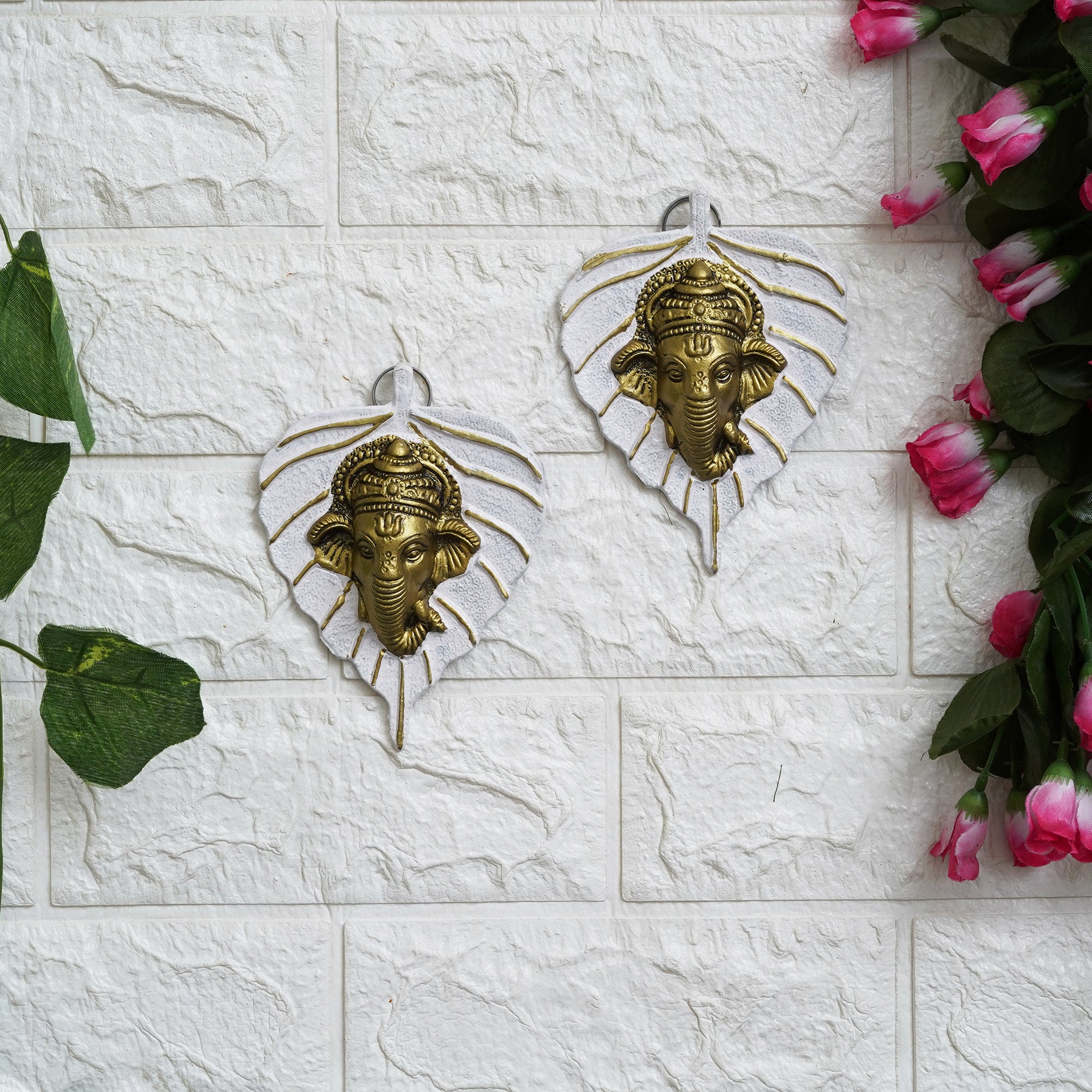eCraftIndia Set of 2 Golden and White Peepal Leaf Ganesha Wall Hangings 5