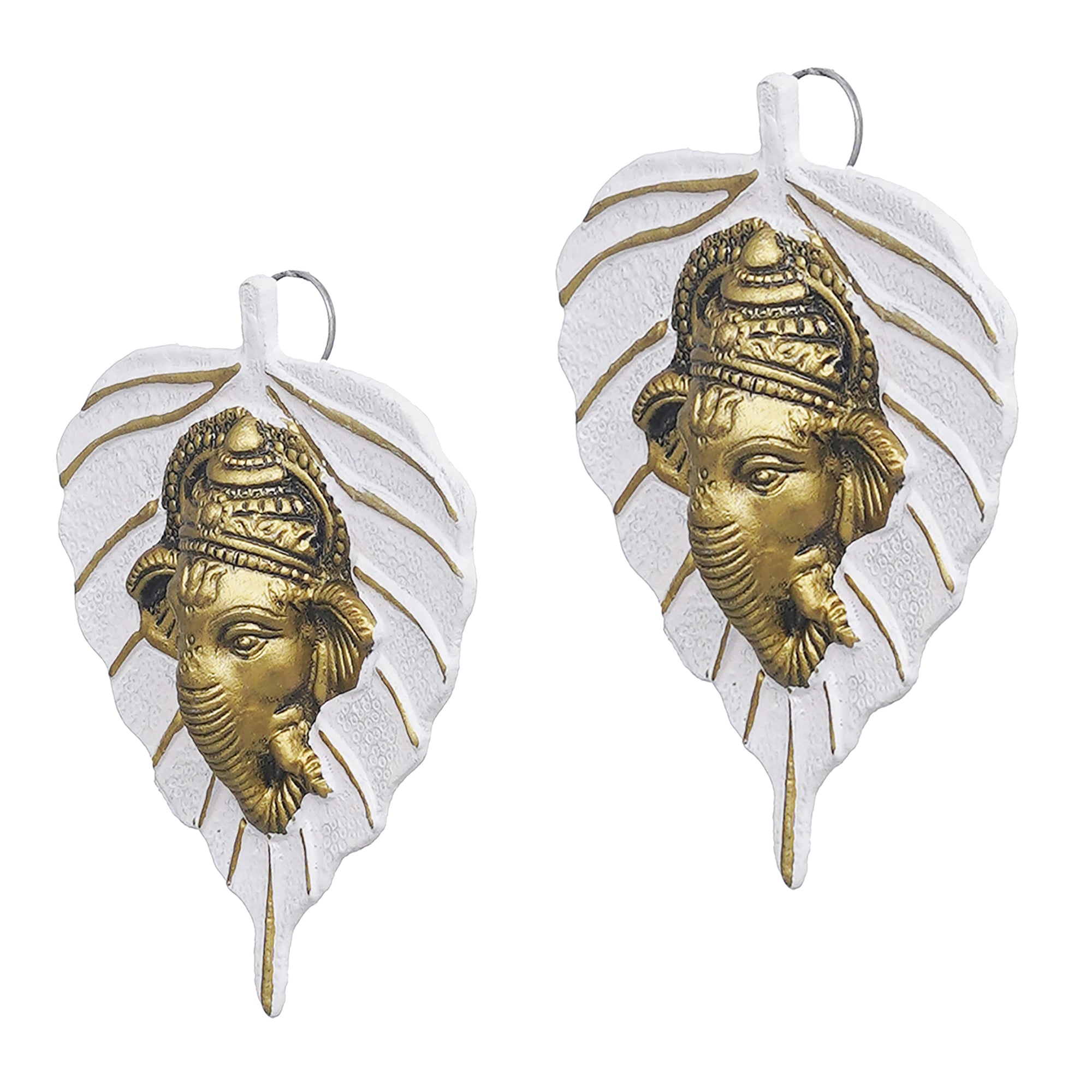 eCraftIndia Set of 2 Golden and White Peepal Leaf Ganesha Wall Hangings 7