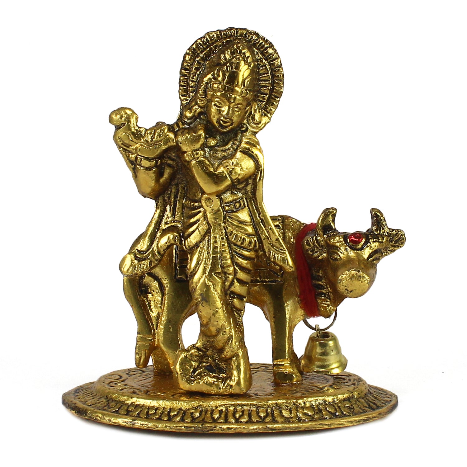 Golden Metal Lord Krishna playing Flute with Cow Showpiece 1