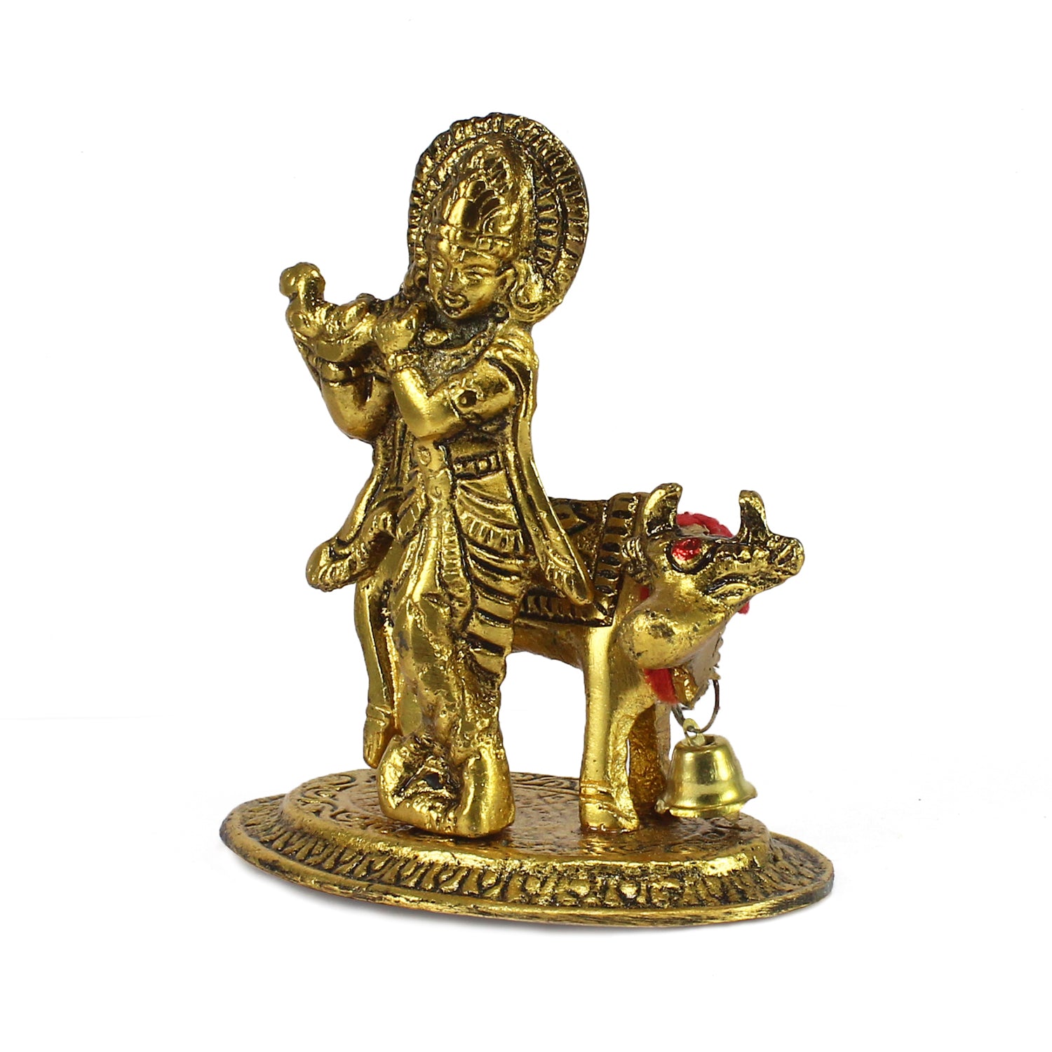 Golden Metal Lord Krishna playing Flute with Cow Showpiece 4