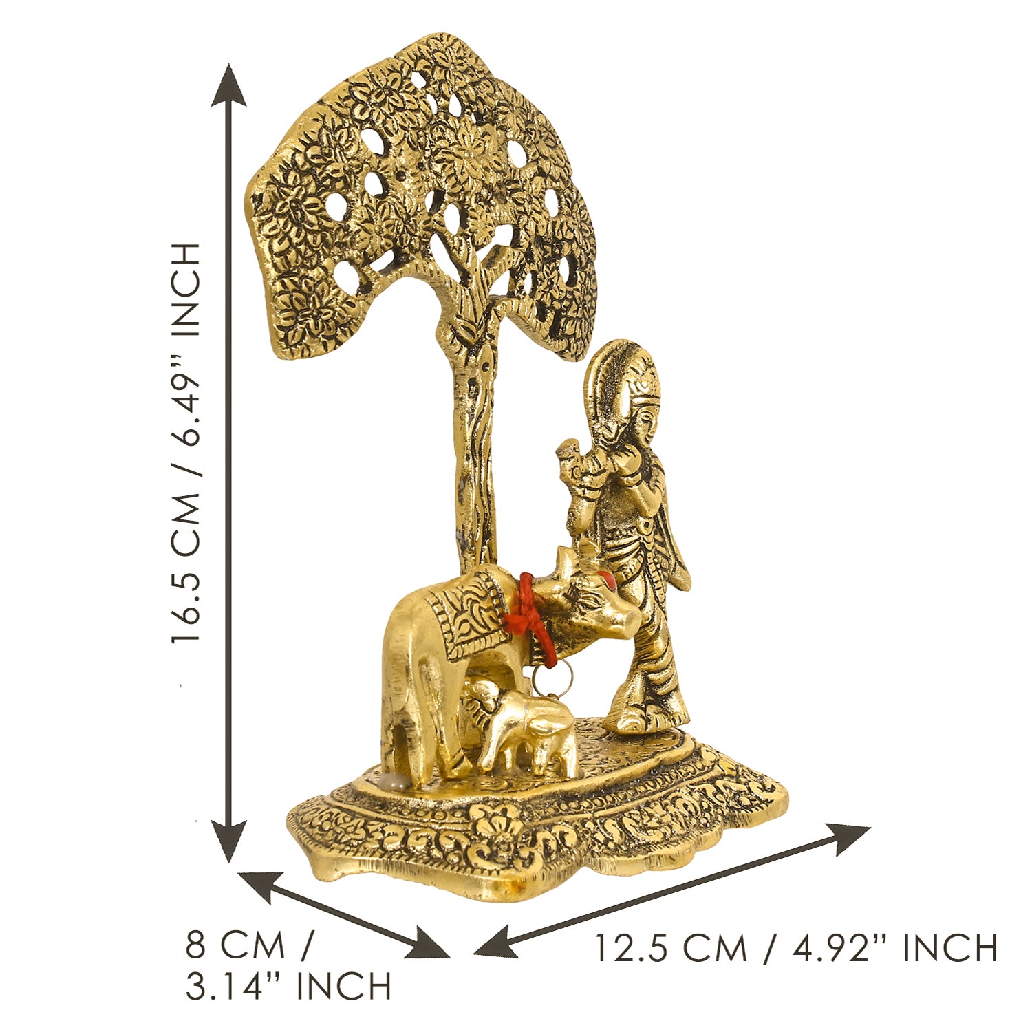 Golden Lord Krishna Idol playing Flute under Tree with Cow and Calf 3