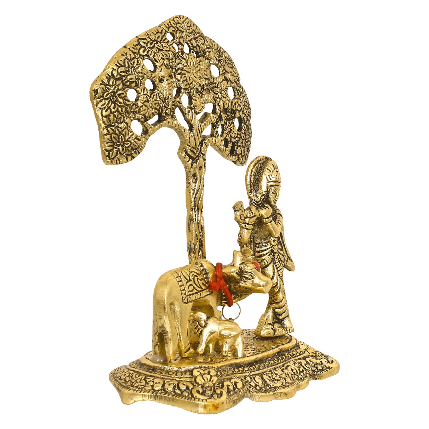 Golden Lord Krishna Idol playing Flute under Tree with Cow and Calf 4