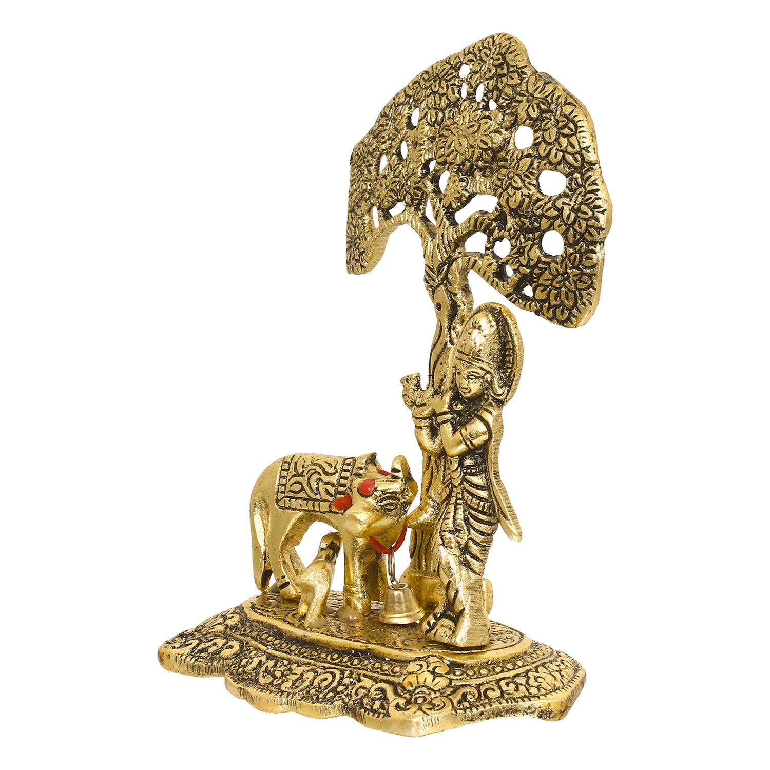 Golden Lord Krishna Idol playing Flute under Tree with Cow and Calf 5