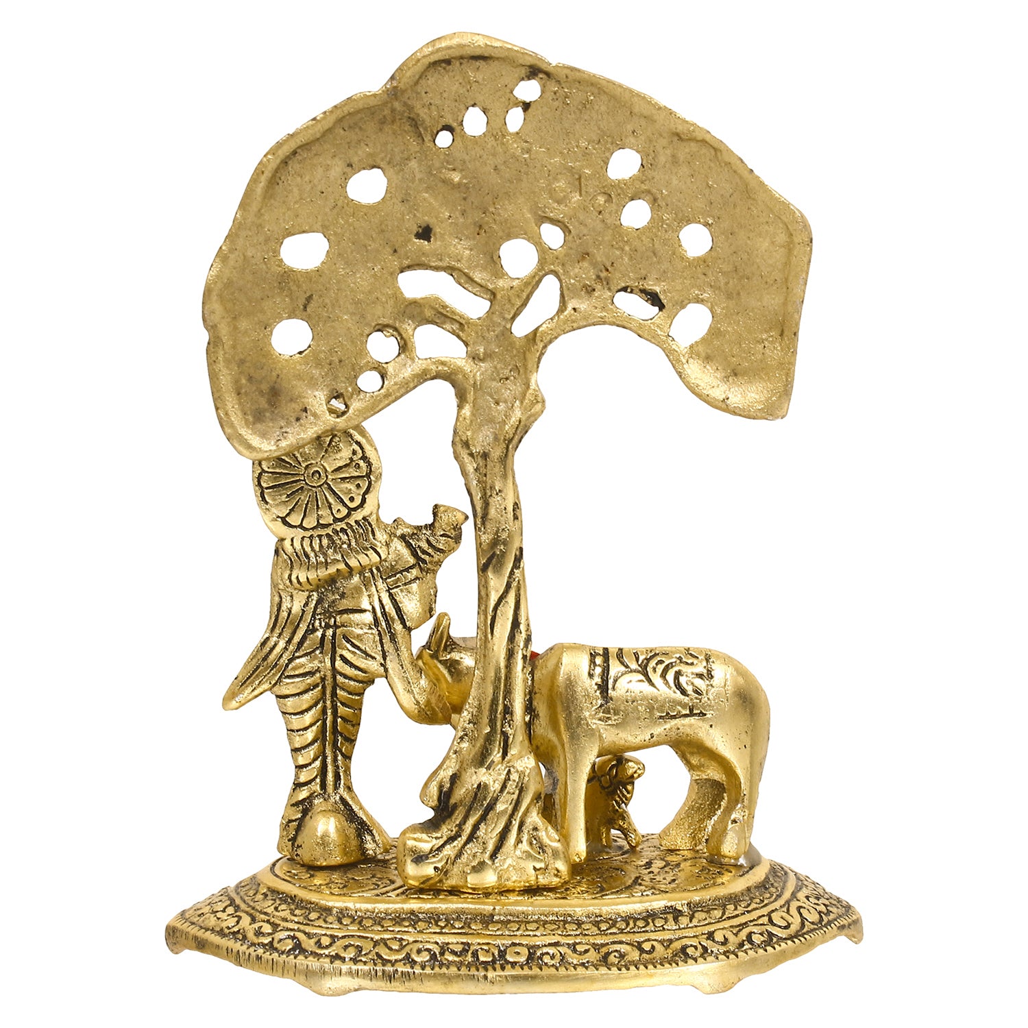 Golden Lord Krishna Idol playing Flute under Tree with Cow and Calf 6