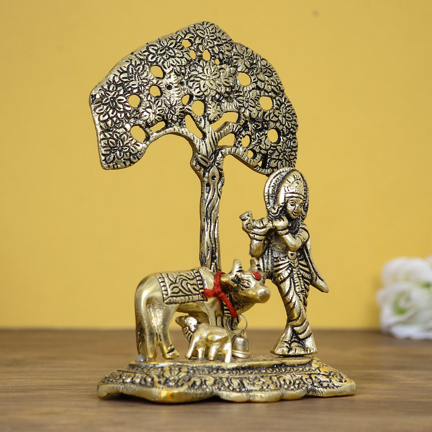 Golden Lord Krishna Idol playing Flute under Tree with Cow and Calf 7