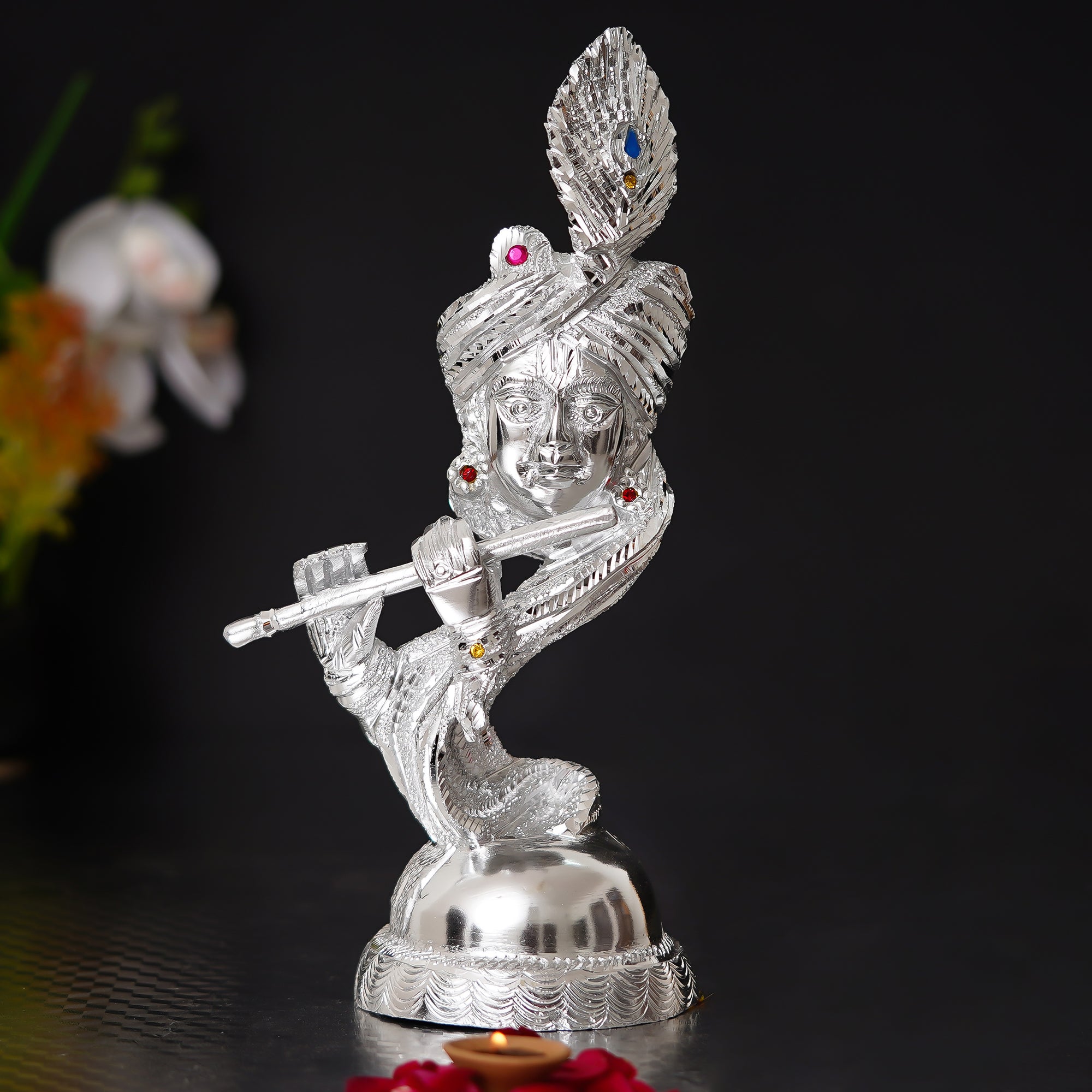 Silver Metal Lord Krishna Playing Flute Statue