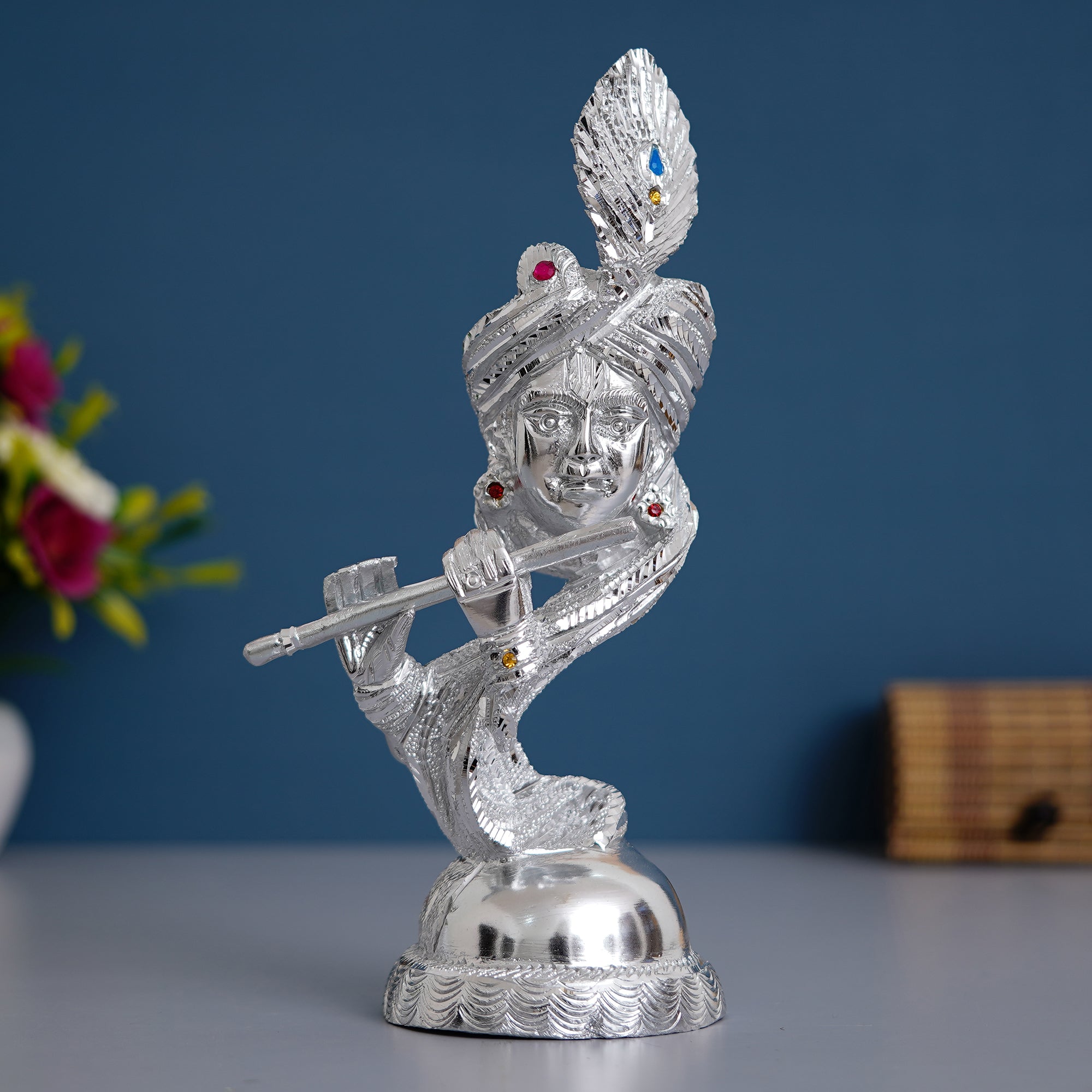 Silver Metal Lord Krishna Playing Flute Statue 1