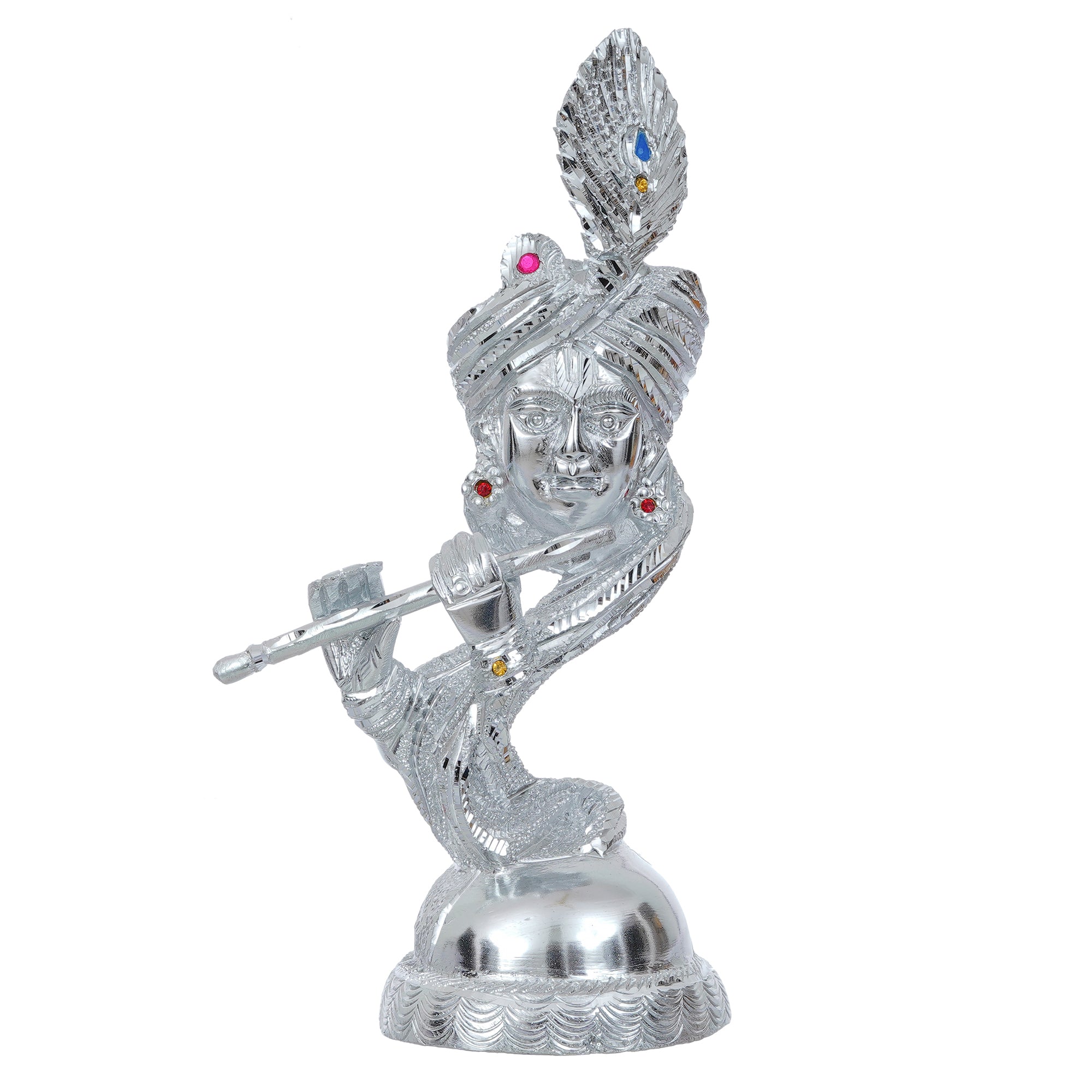 Silver Metal Lord Krishna Playing Flute Statue 2