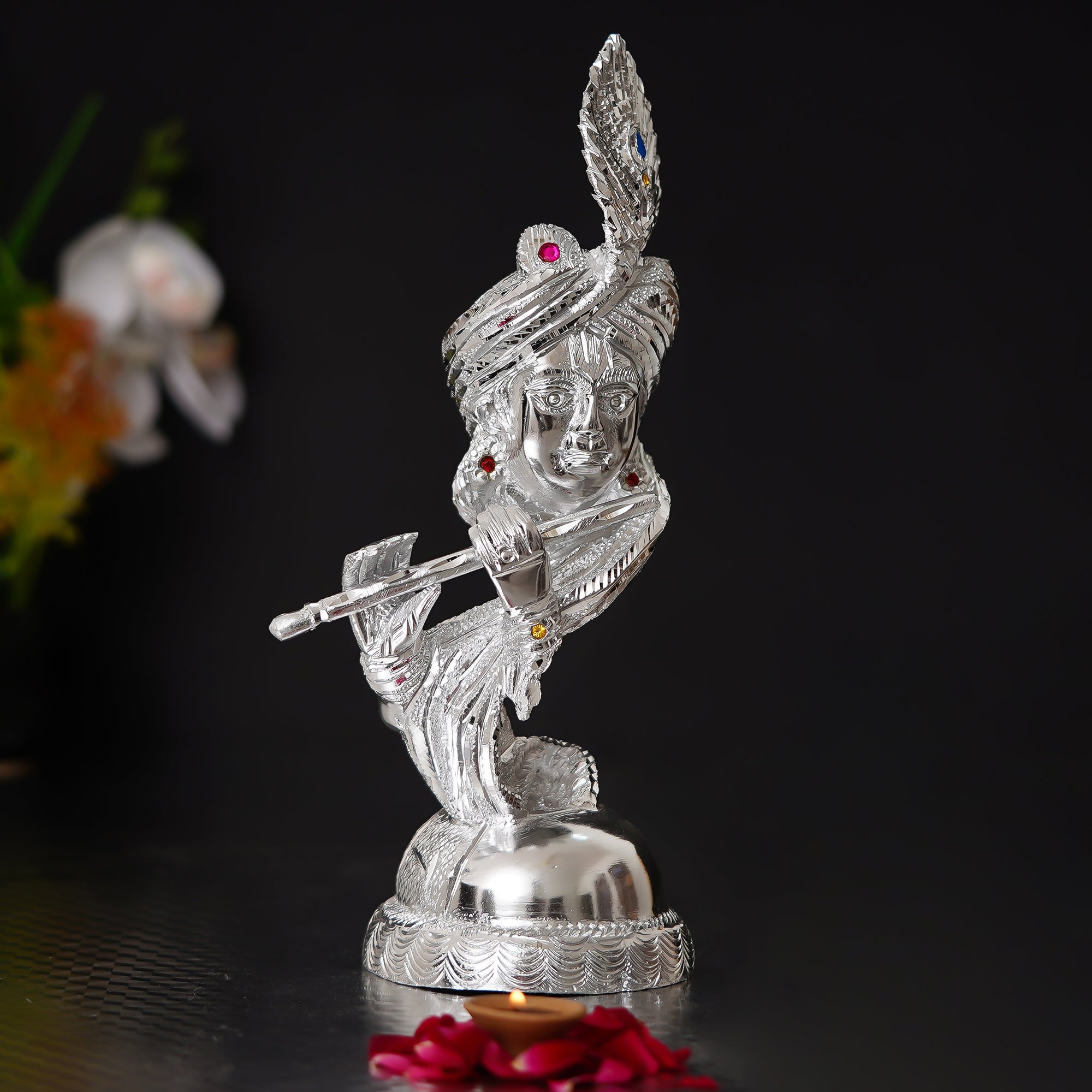 Silver Metal Lord Krishna Playing Flute Statue 4