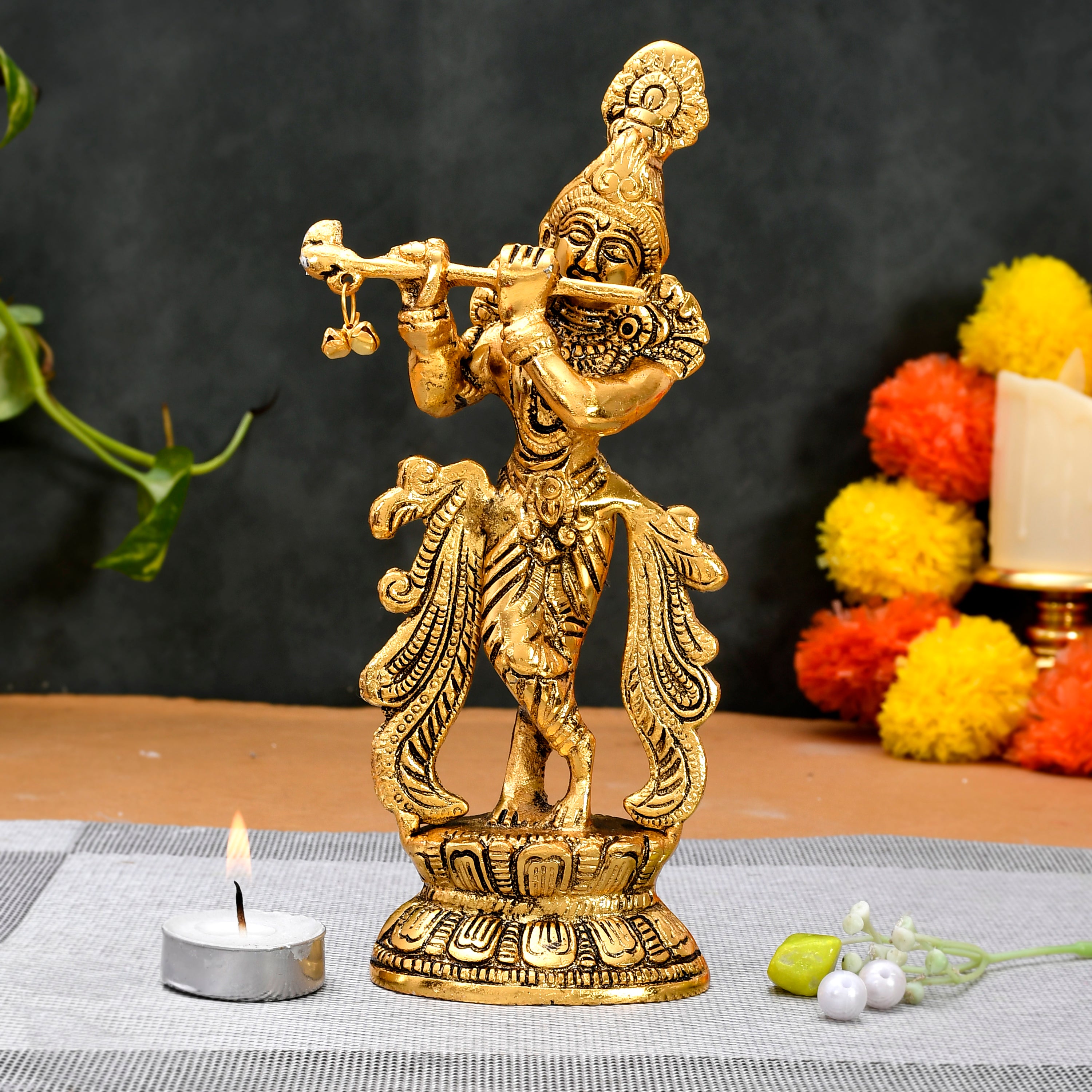 Golden Lord Krishna Playing Flute Idol 4